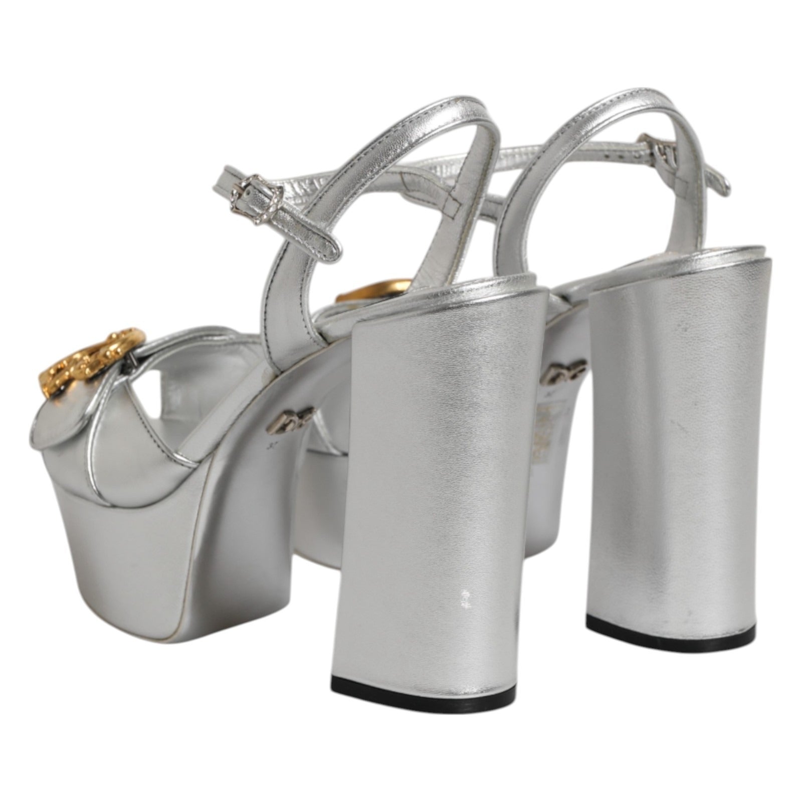 Dolce & Gabbana Silver Logo Ankle Strap Heels Sandals Shoes