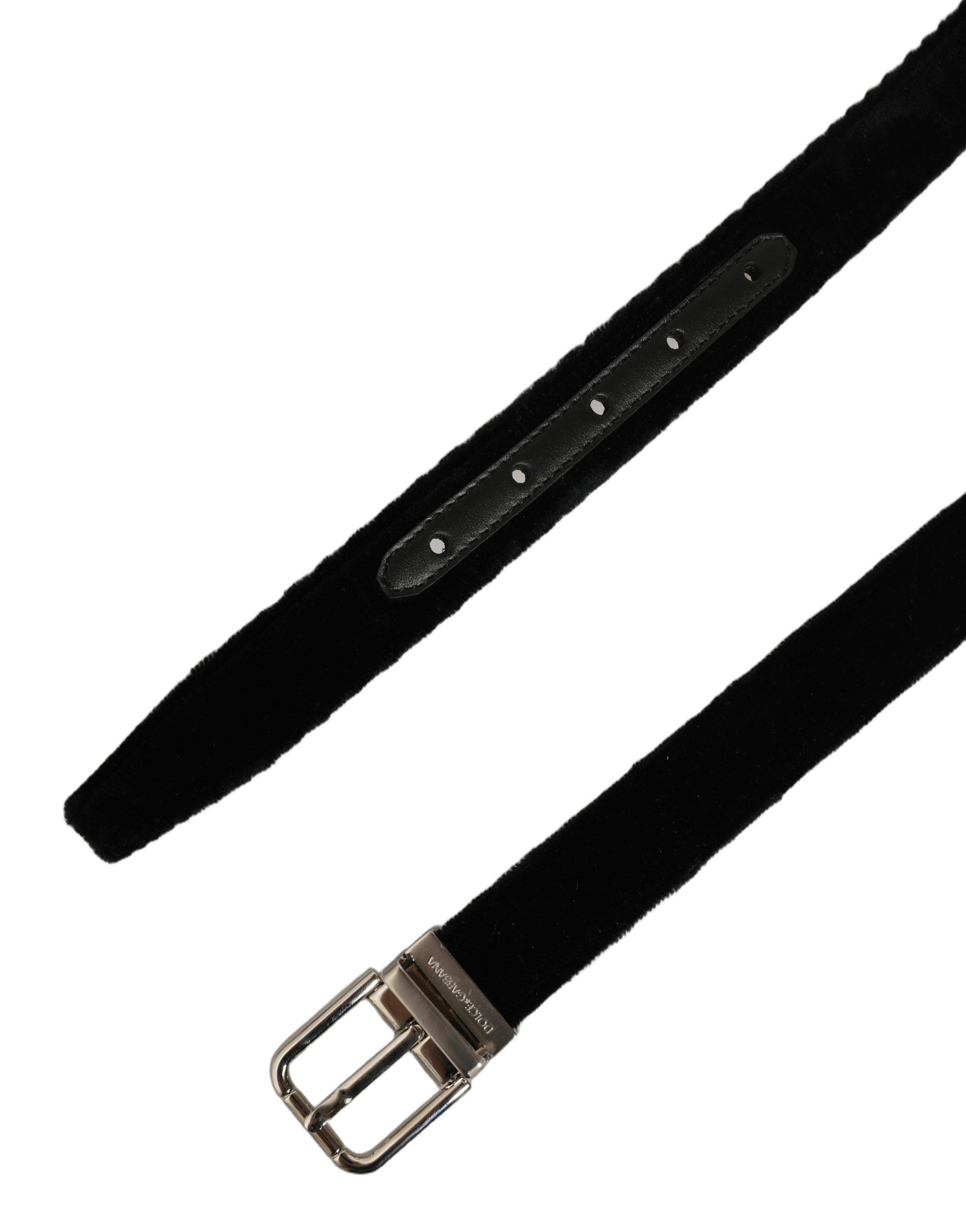 Dolce & Gabbana Black Velvet Silver Tone Metal Buckle Belt