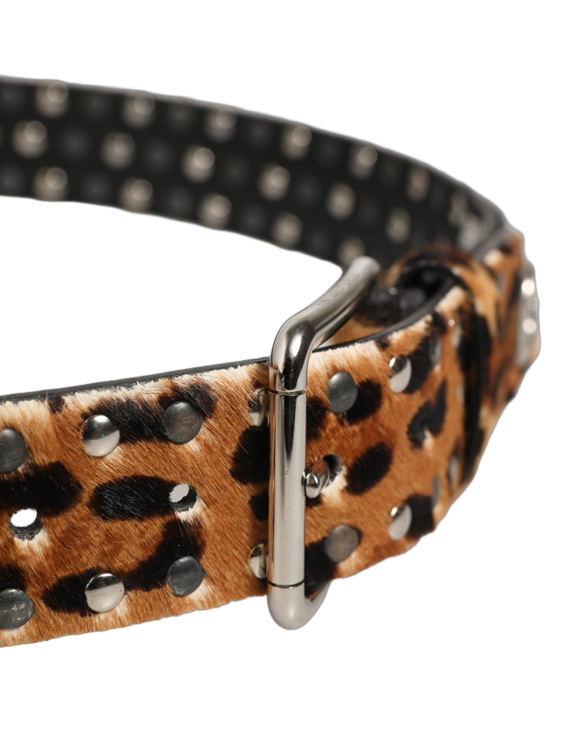 Dolce & Gabbana Brown Leopard Calf Hair Studs Metal Buckle Belt