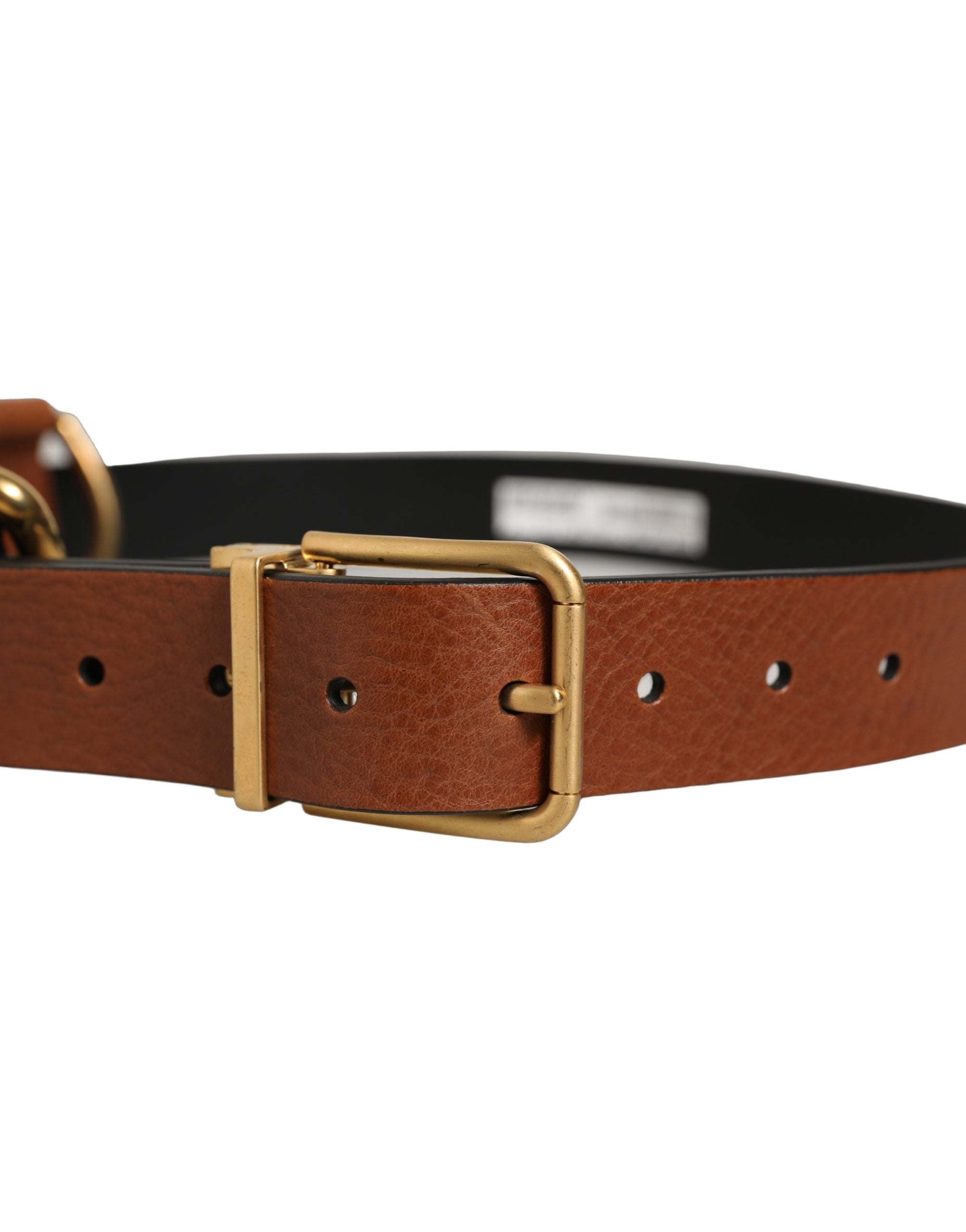 Dolce & Gabbana Brown Leather Gold Metal Rings Buckle Belt