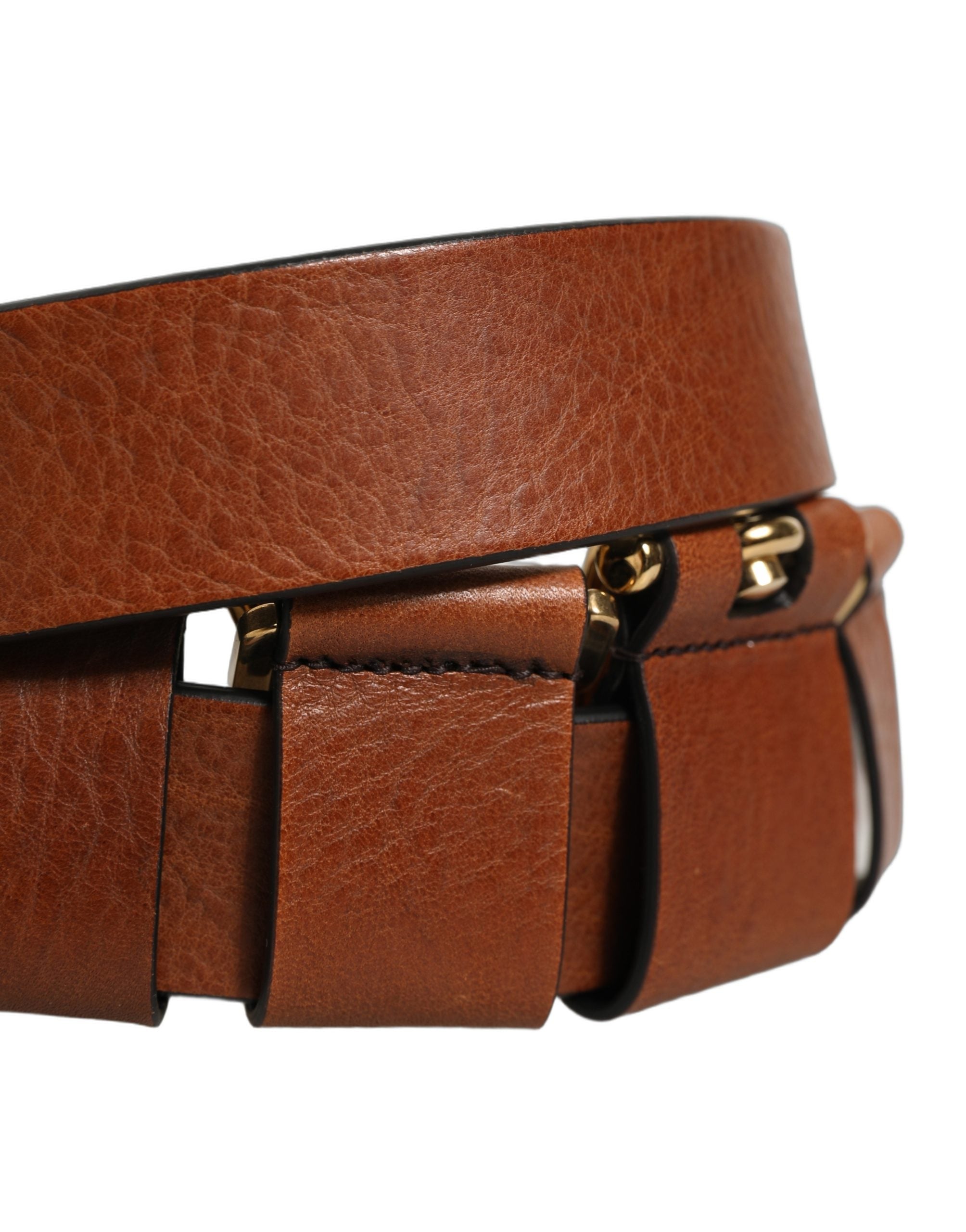 Dolce & Gabbana Brown Leather Gold Metal Rings Buckle Belt