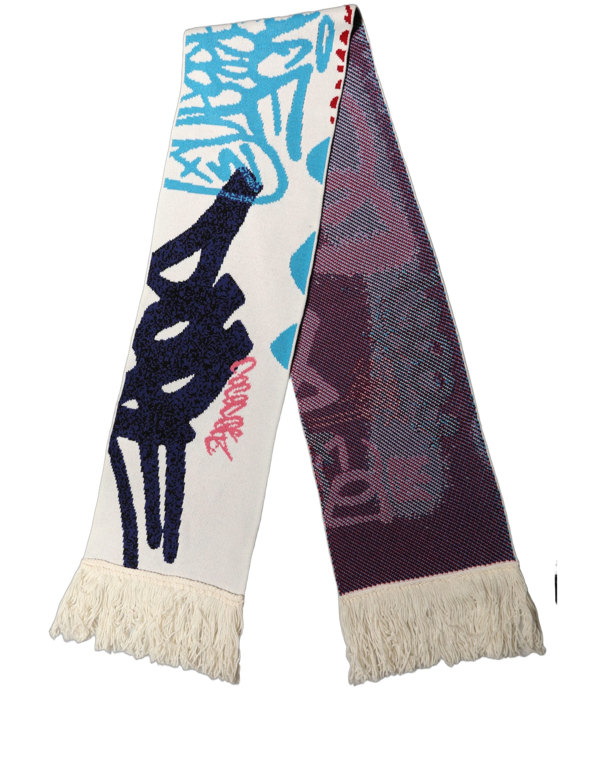 Dolce & Gabbana White Graphic Cashmere Fringed Shawl Scarf