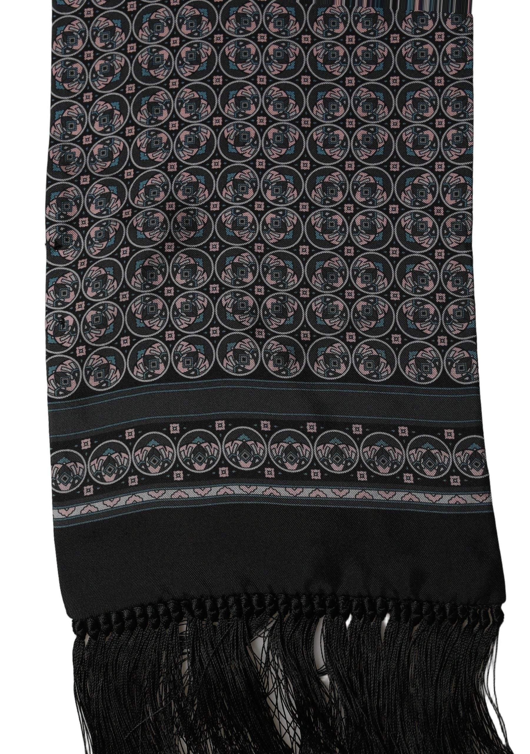 Dolce & Gabbana Black Silk Geometric Fringed Neck Shawl Scarf
