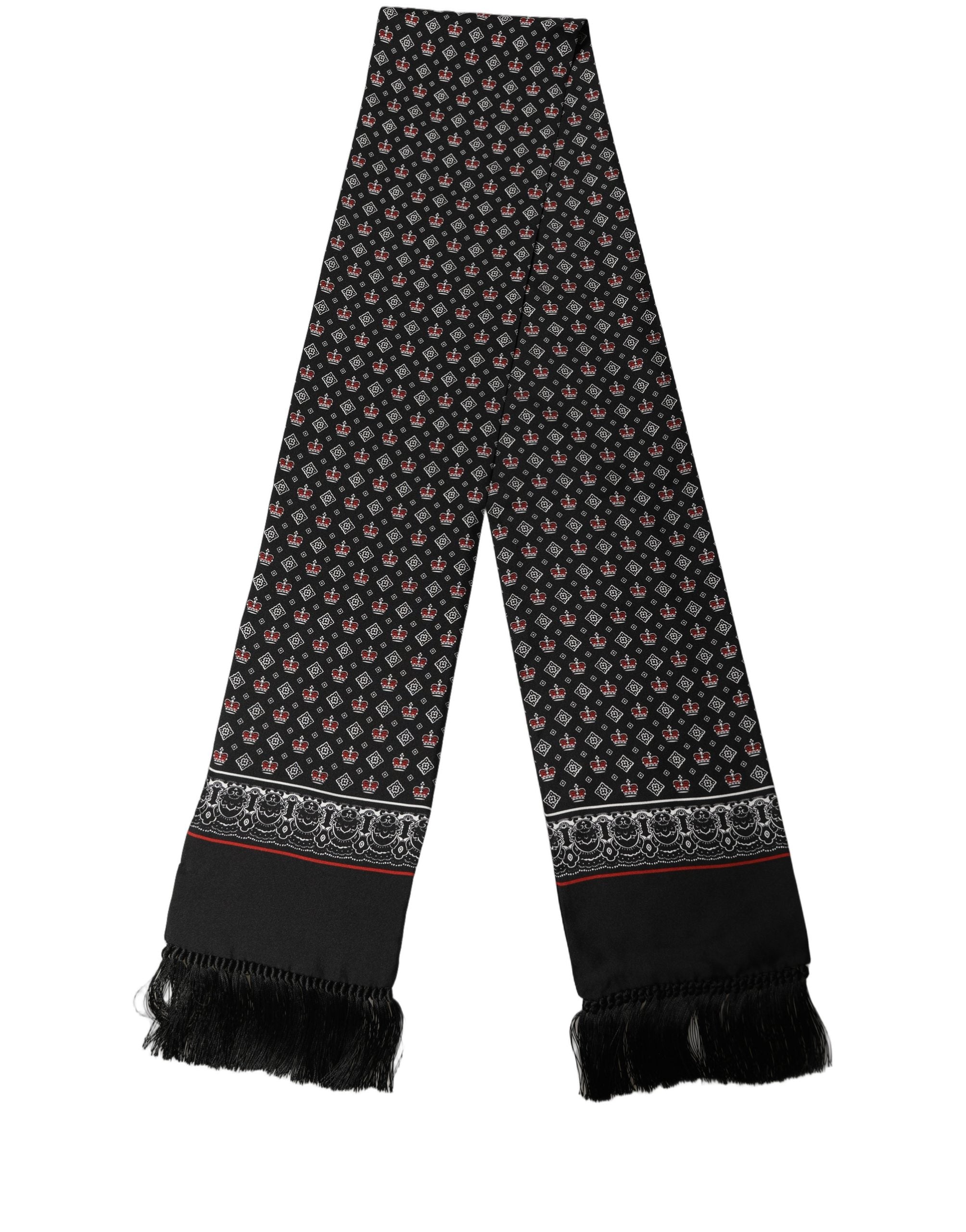 Dolce & Gabbana Black Silk Crown Fringed Neck Shawl Scarf