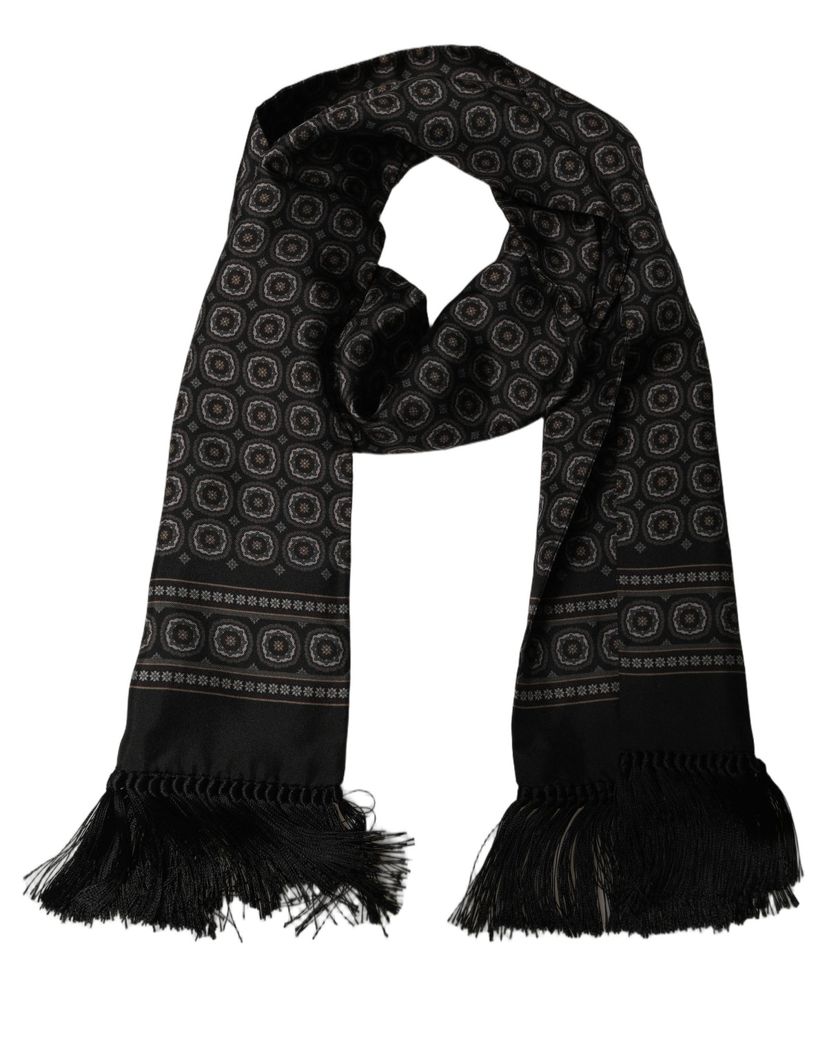 Dolce & Gabbana Black Silk Geometric Fringed Neck Shawl Scarf