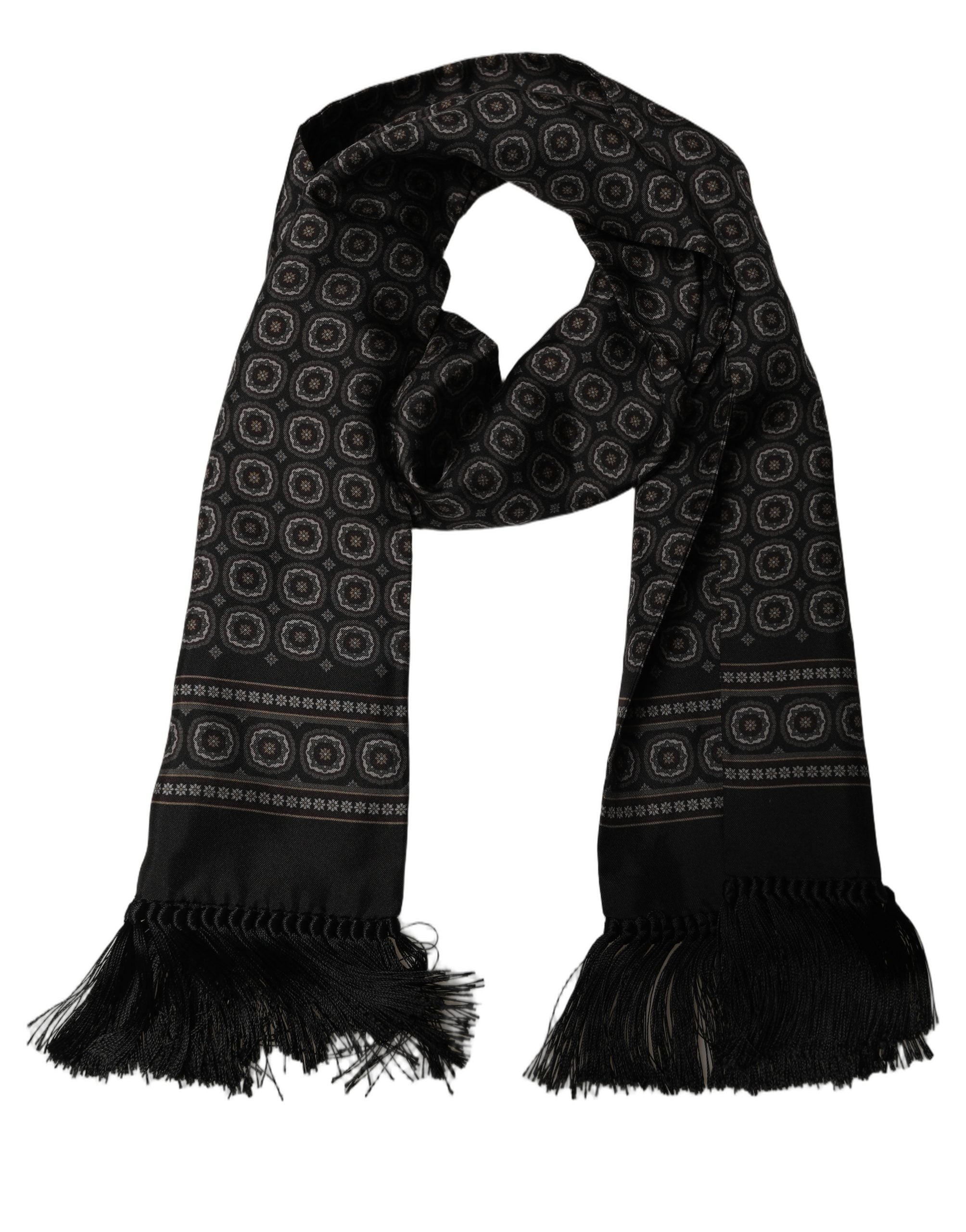 Dolce & Gabbana Black Silk Geometric Fringed Neck Shawl Scarf
