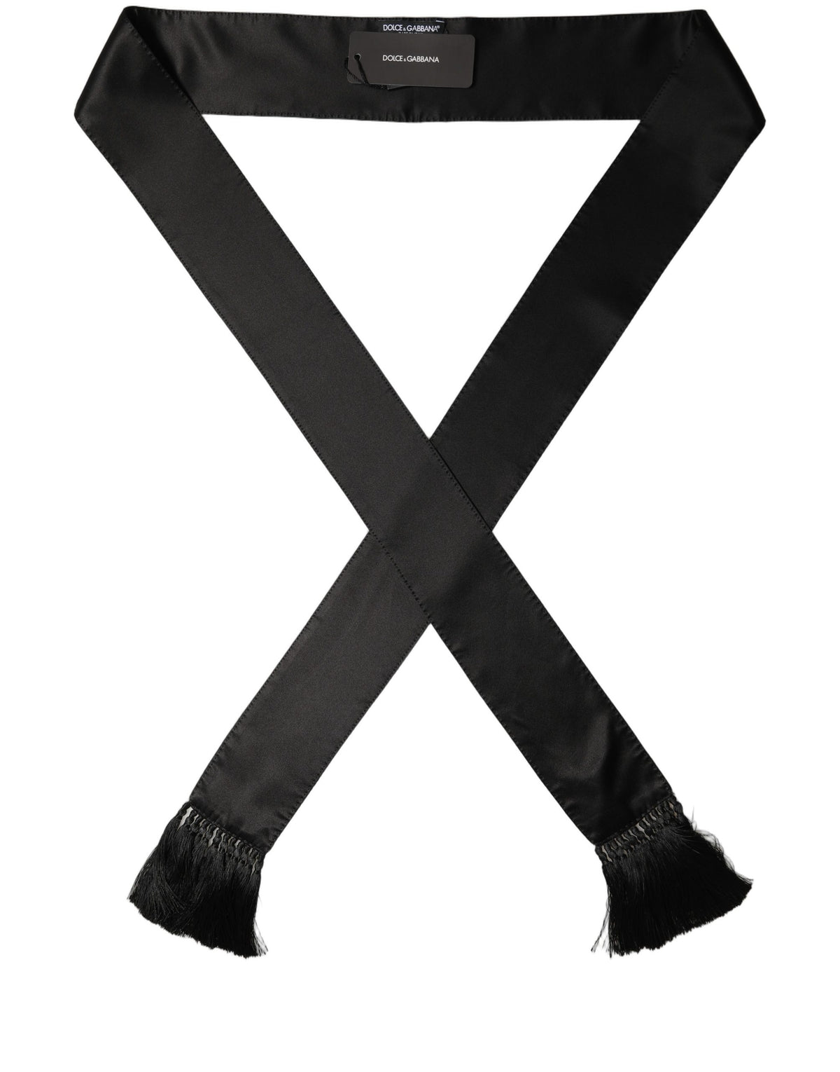 Dolce & Gabbana Black Satin Silk Skinny Fringed Shawl Scarf