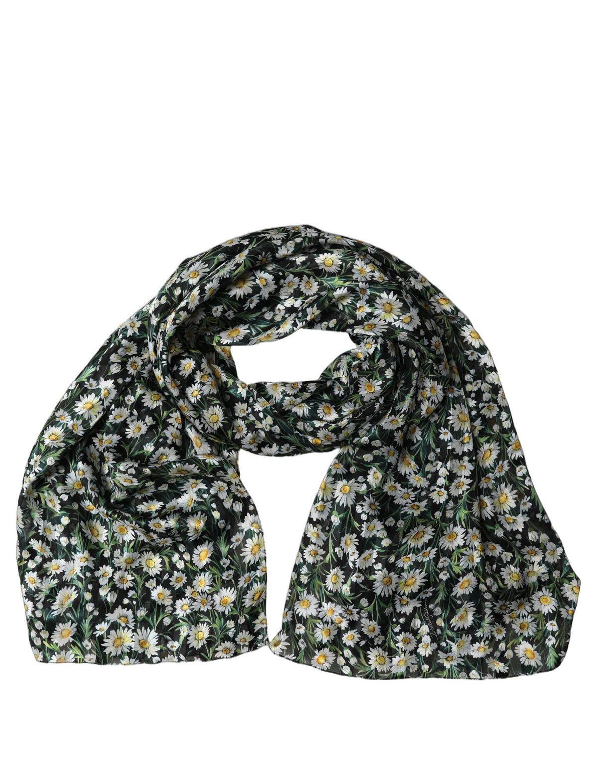 Dolce & Gabbana Black Silk Daisy Chiffon Long Stole Scarf
