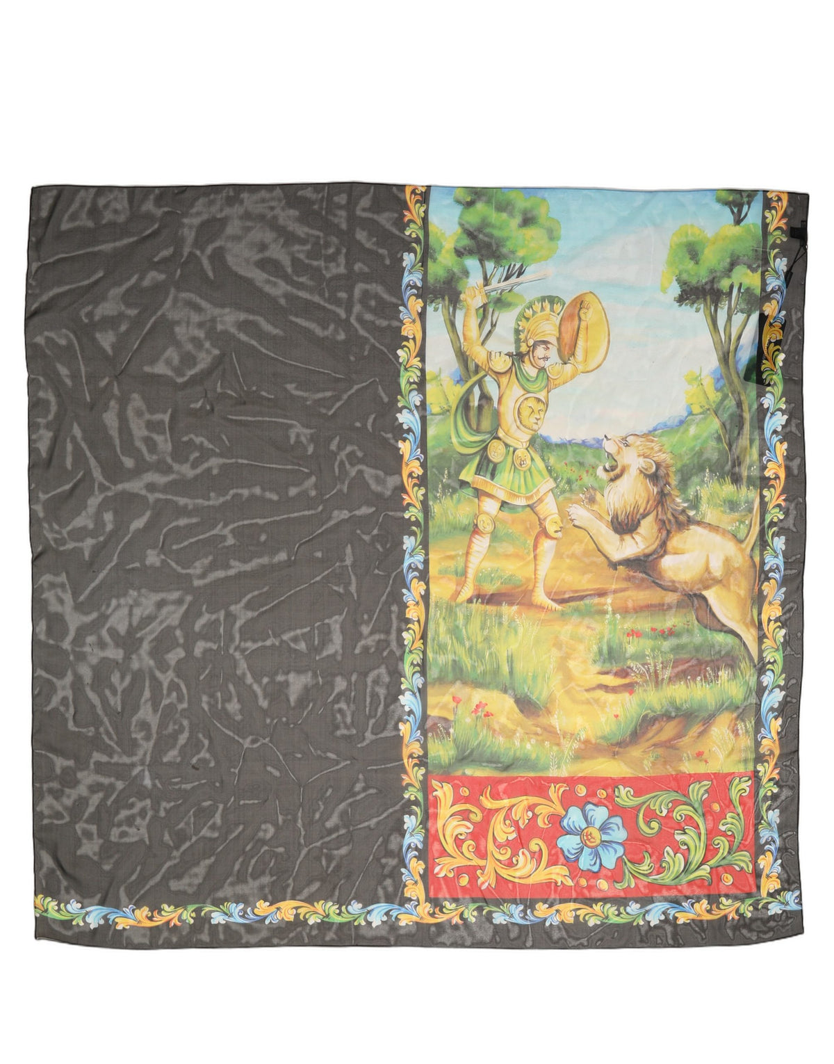 Dolce & Gabbana Dark Gray Silk Scenery Print Foulard Scarf