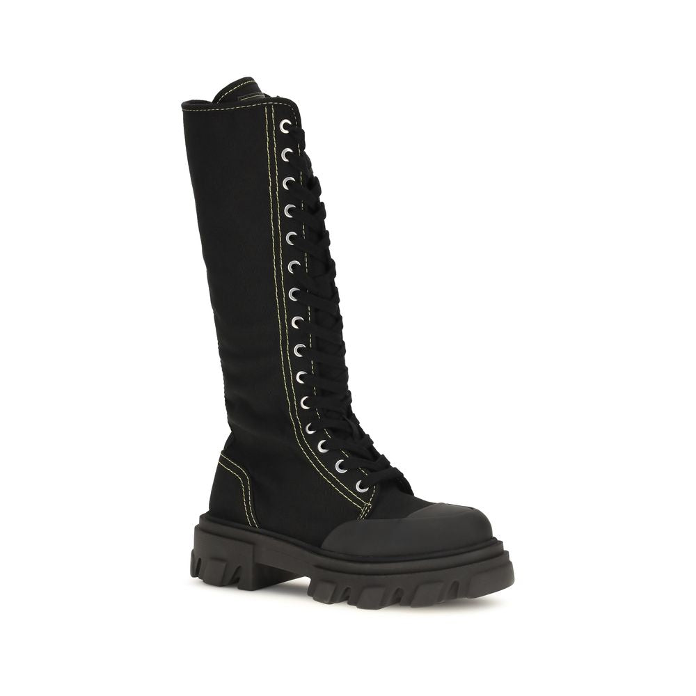 Ganni Black Cotton Lace-Up Boots