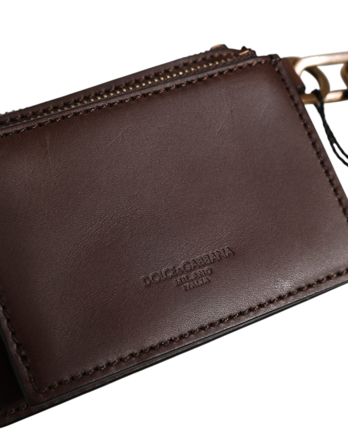 Dolce & Gabbana Brown Leather Logo Embossed Key Chain Coin Purse Wallet