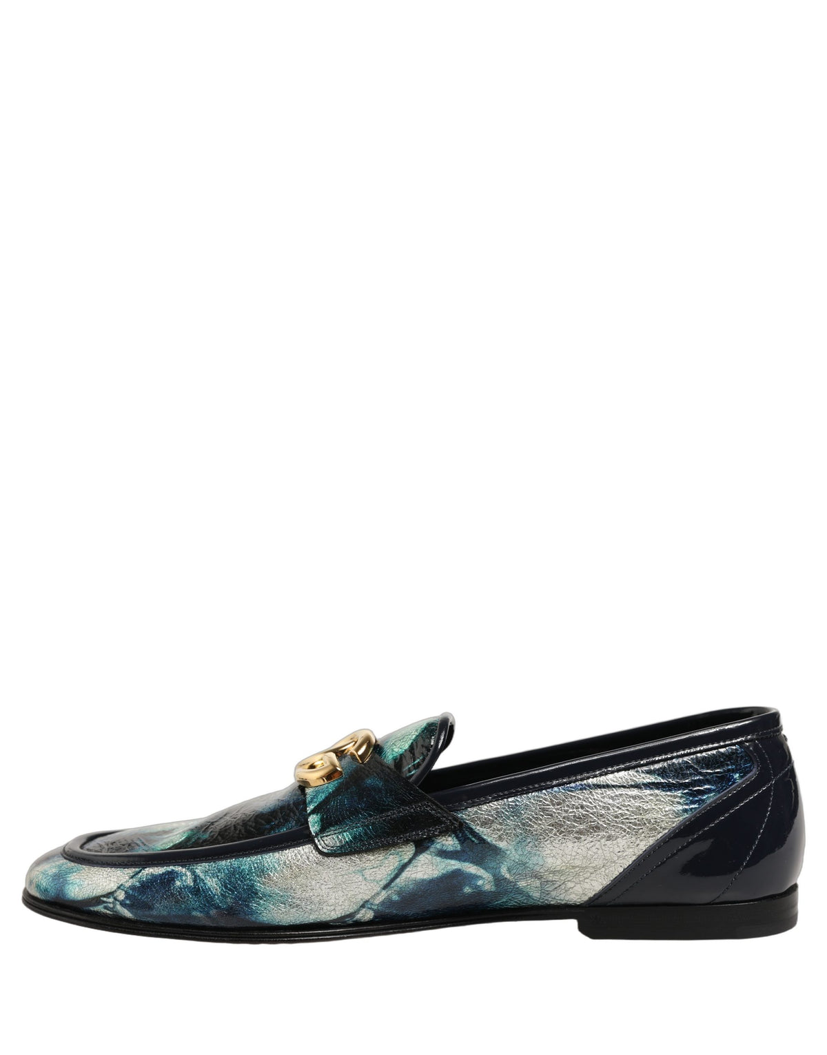 Dolce & Gabbana Metallic Blue Silver Leather DG Loafers Shoes