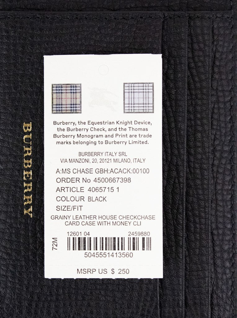 Burberry House Check Chase Black Grainy Leather Money Clip Card Case Wallet