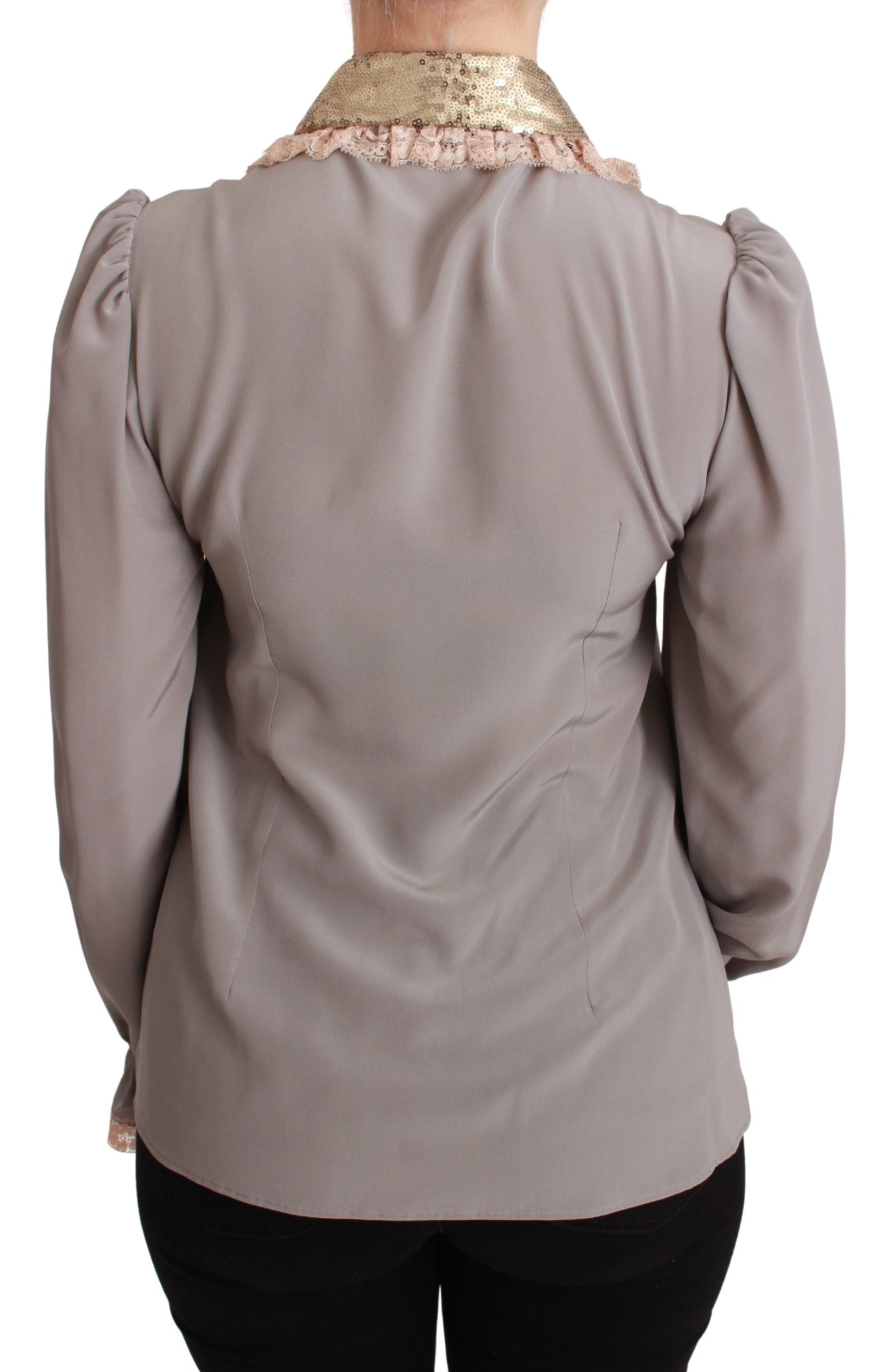 بلوزة وقميص دولتشي آند غابانا رمادي حريري ذهبي مزين بالترتر والدانتيل