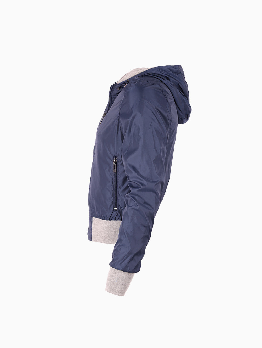 Side view of Target Men’s Navy Hooded Jacket showing hood and pocket details.