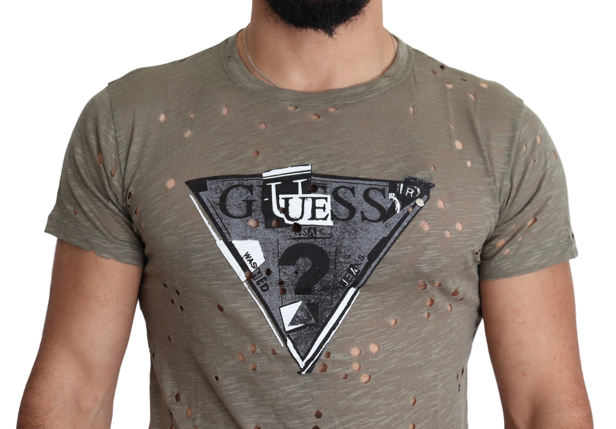 تي شيرت رجالي كاجوال مثقوب من Guess مصنوع من القطن المطاطي البني بطباعة شعار