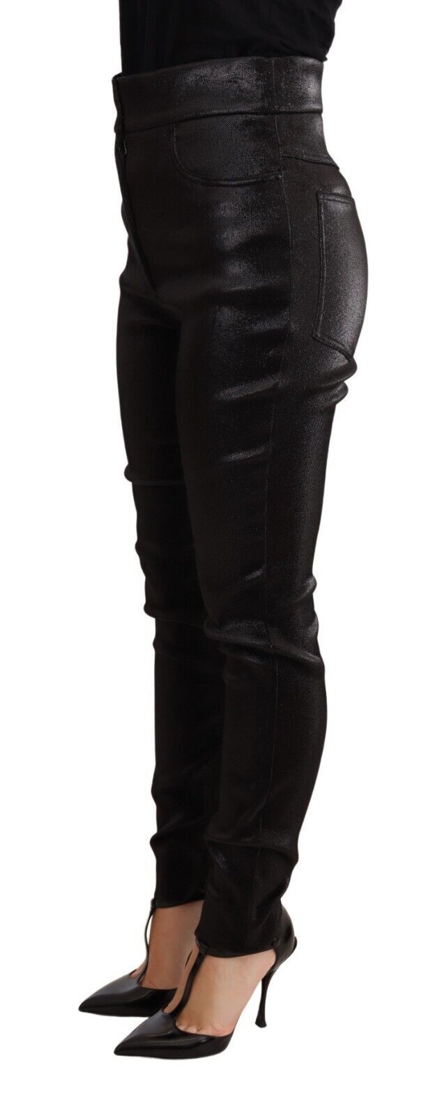 بنطلون دولتشي آند غابانا أسود فضي من القطن المرن بخيوط لوركس