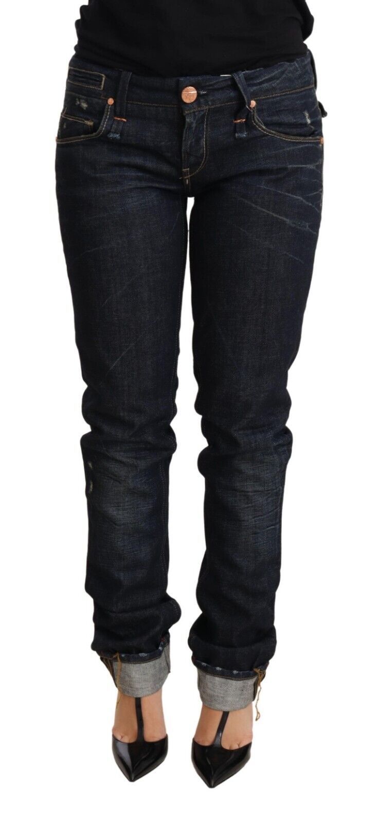 بنطلون جينز نسائي من Acht Dark Blue Cotton Slim Fit With Folding Hem