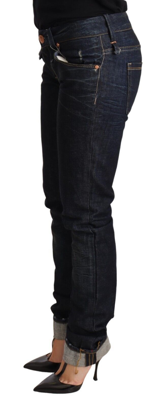 بنطلون جينز نسائي من Acht Dark Blue Cotton Slim Fit With Folding Hem