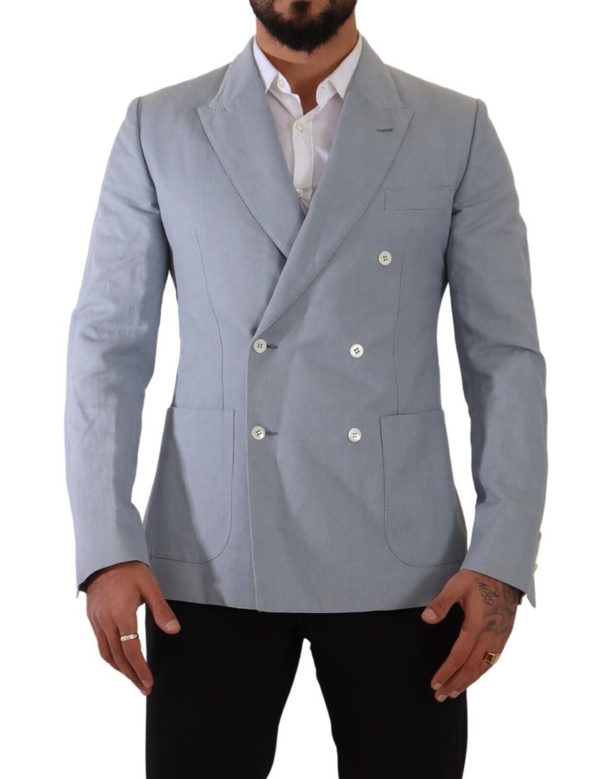 جاكيت ومعطف بليزر بقصّة Slim Fit من Dolce & Gabbana باللون الأزرق من القطن والكتان