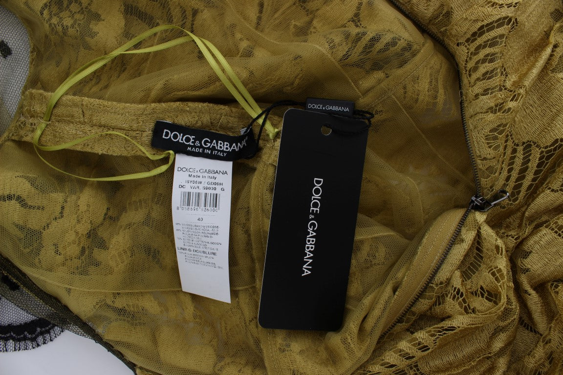 فستان دولتشي آند غابانا الأصفر الأسود المزهر من الدانتيل ريكامو