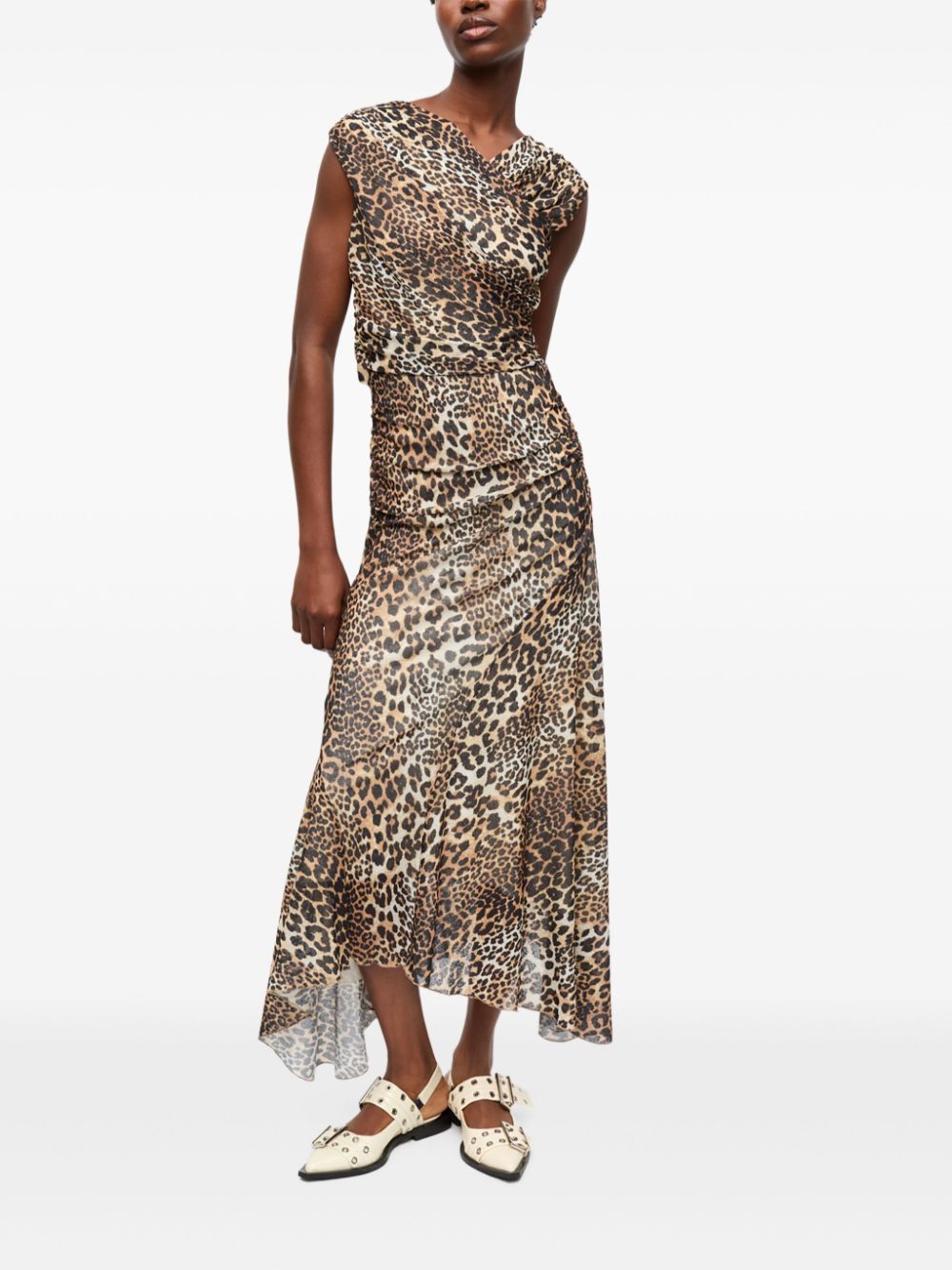 Ganni Leopard Marl Mesh Long Ruched Crossover Dress