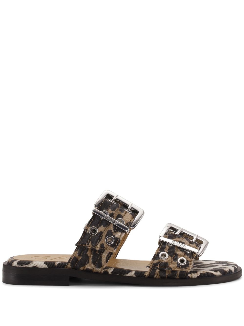 Ganni Ganni Leopard Denim Feminine Buckle Two-Strap Sandals