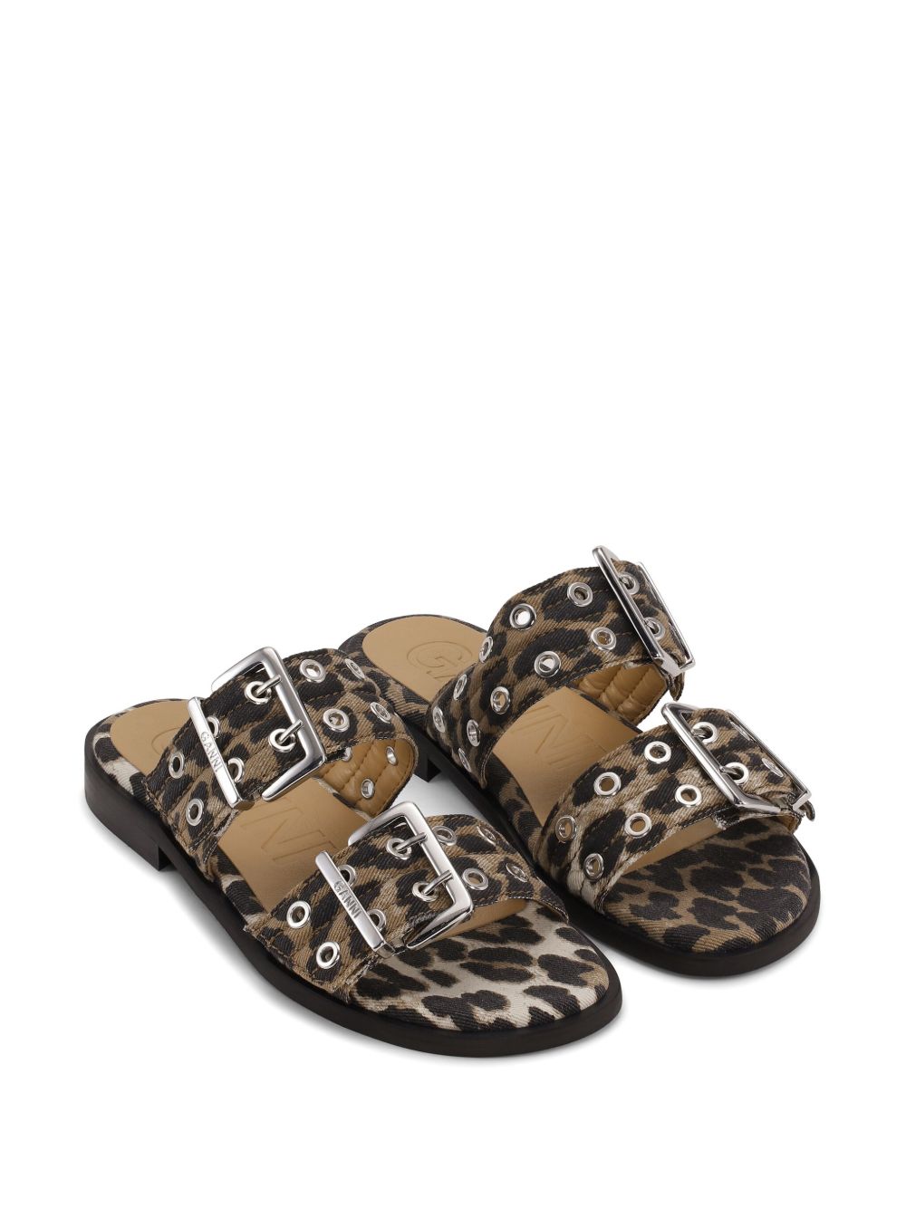 Ganni Ganni Leopard Denim Feminine Buckle Two-Strap Sandals