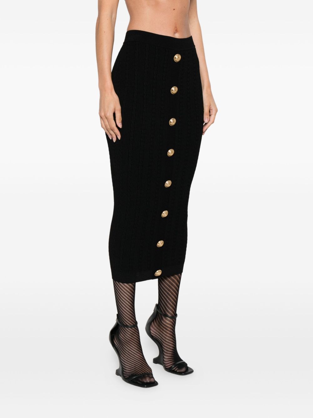 Balmain Balmain Cable-knit button-front midi fitted skirt