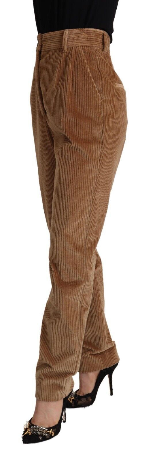 بنطلون دولتشي آند غابانا بني من القطن المخملي بخصر عالٍ وضيق