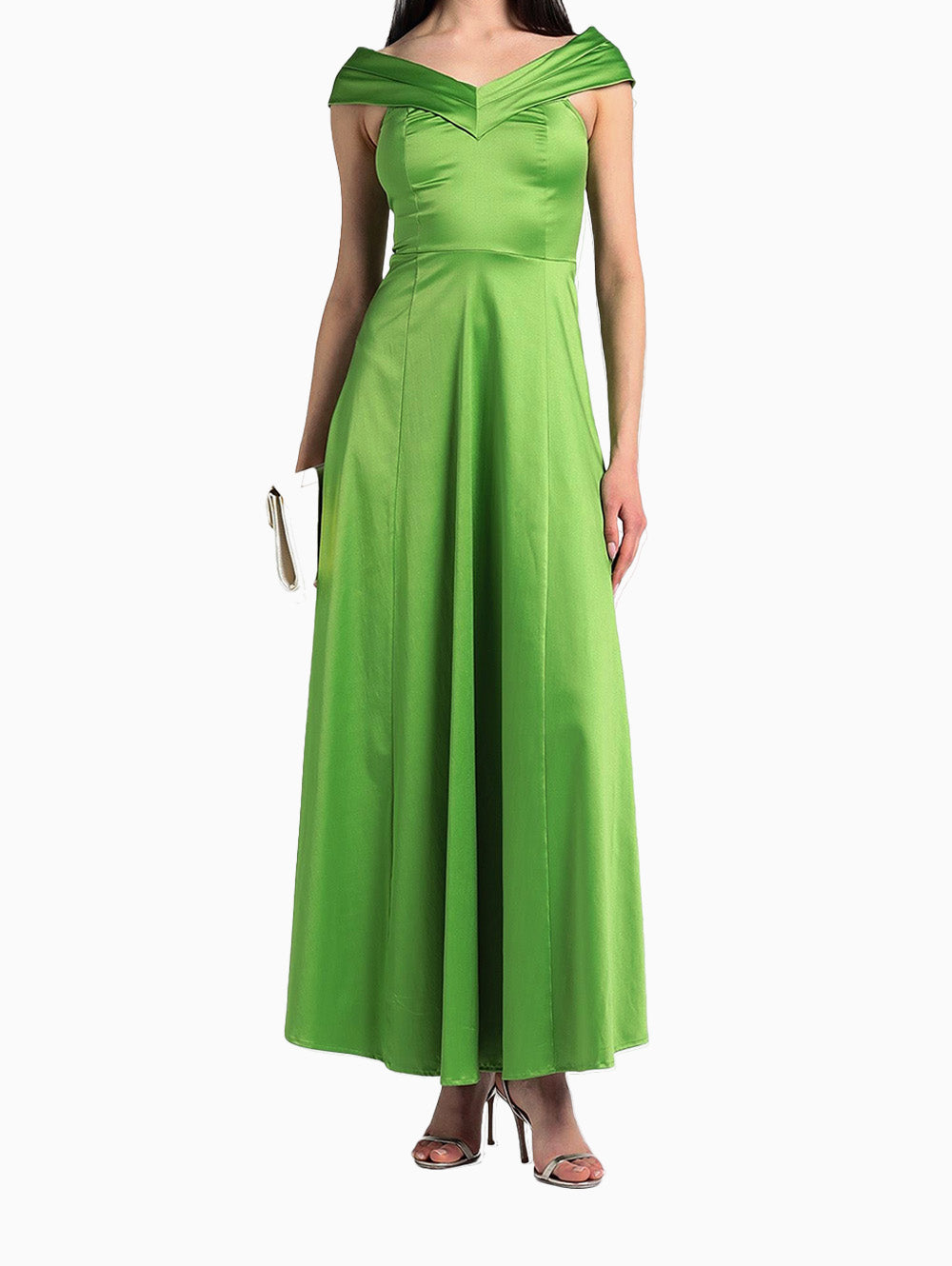 Green off-shoulder satin maxi dress front view