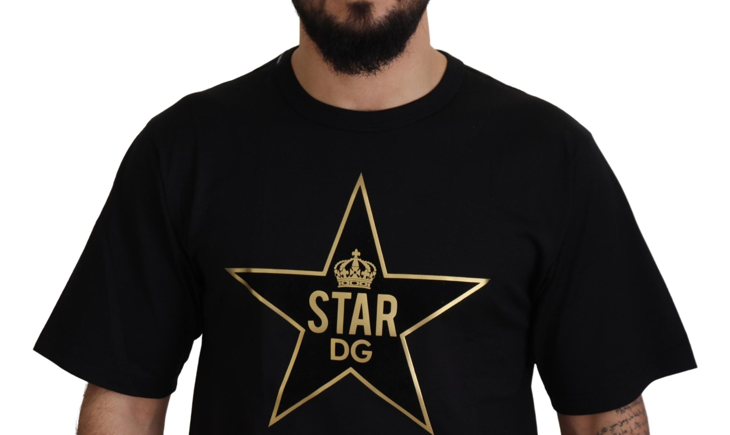 تي شيرت Dolce & Gabbana أسود ذهبي STAR Crown DG قطني بياقة دائرية