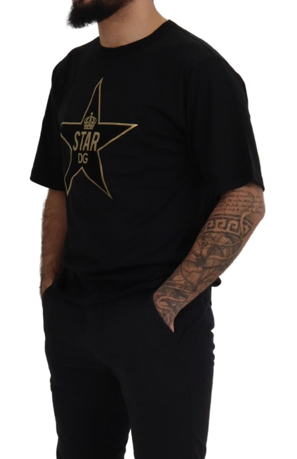 تي شيرت Dolce & Gabbana أسود ذهبي STAR Crown DG قطني بياقة دائرية