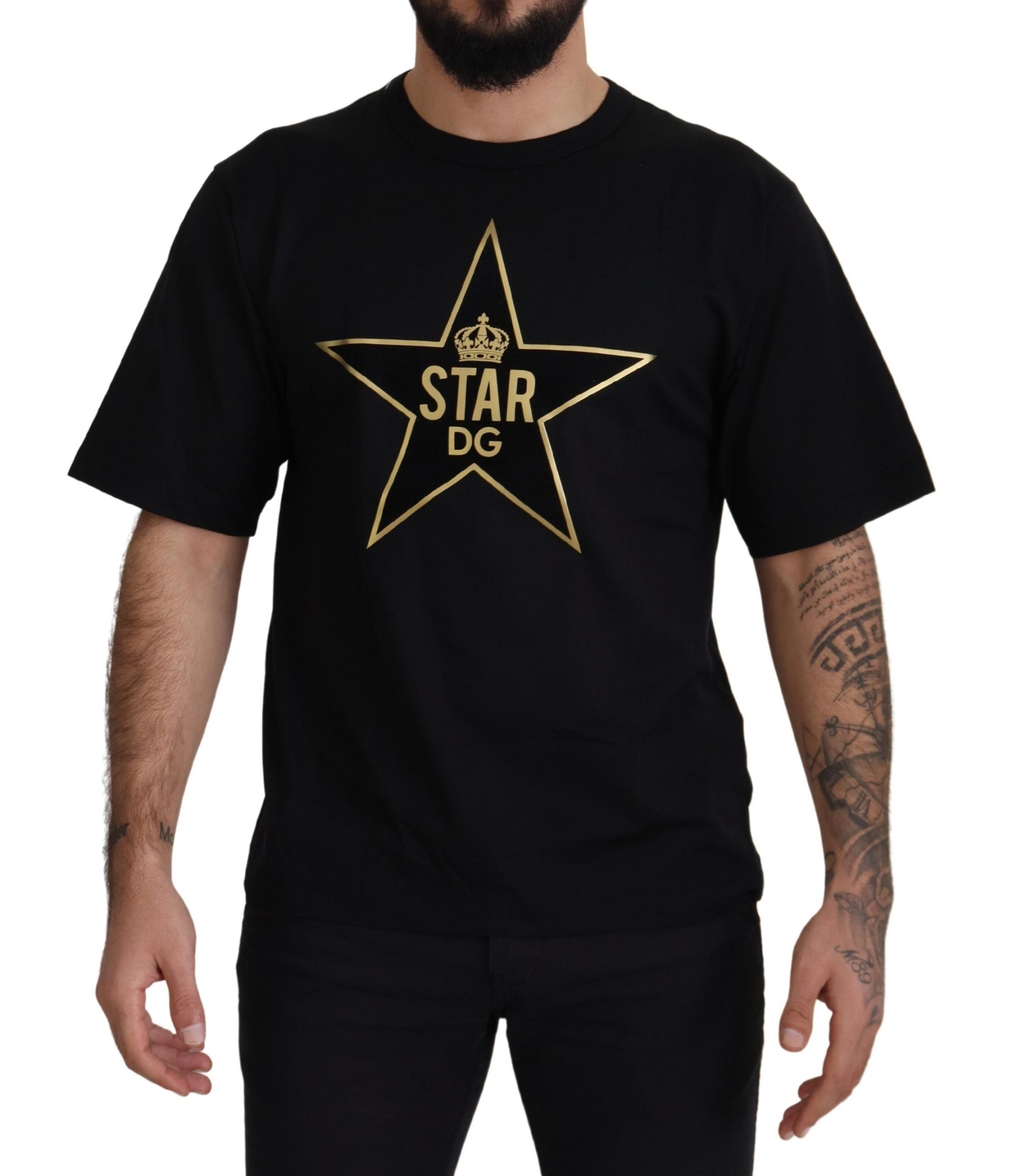 تي شيرت Dolce & Gabbana أسود ذهبي STAR Crown DG قطني بياقة دائرية