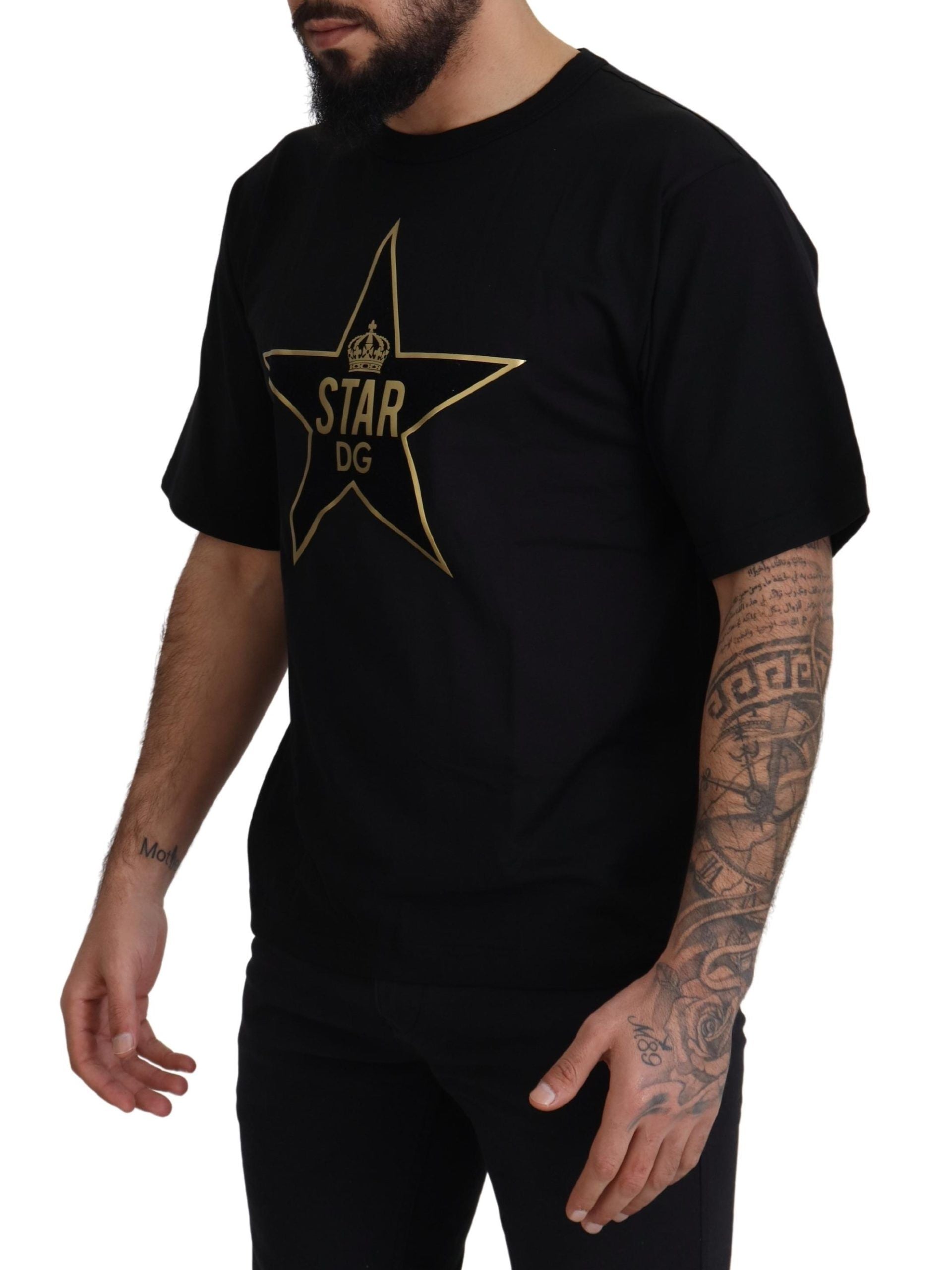 تي شيرت Dolce & Gabbana أسود ذهبي STAR Crown DG قطني بياقة دائرية