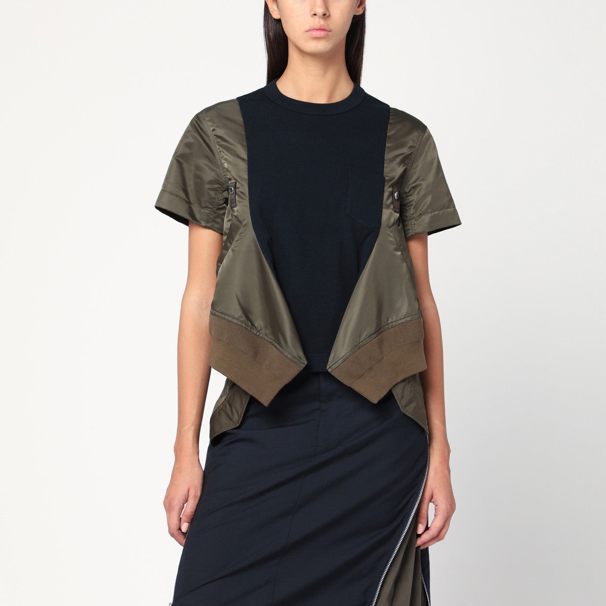 Sacai Sacai Navy/kaki cotton and nylon T-shirt