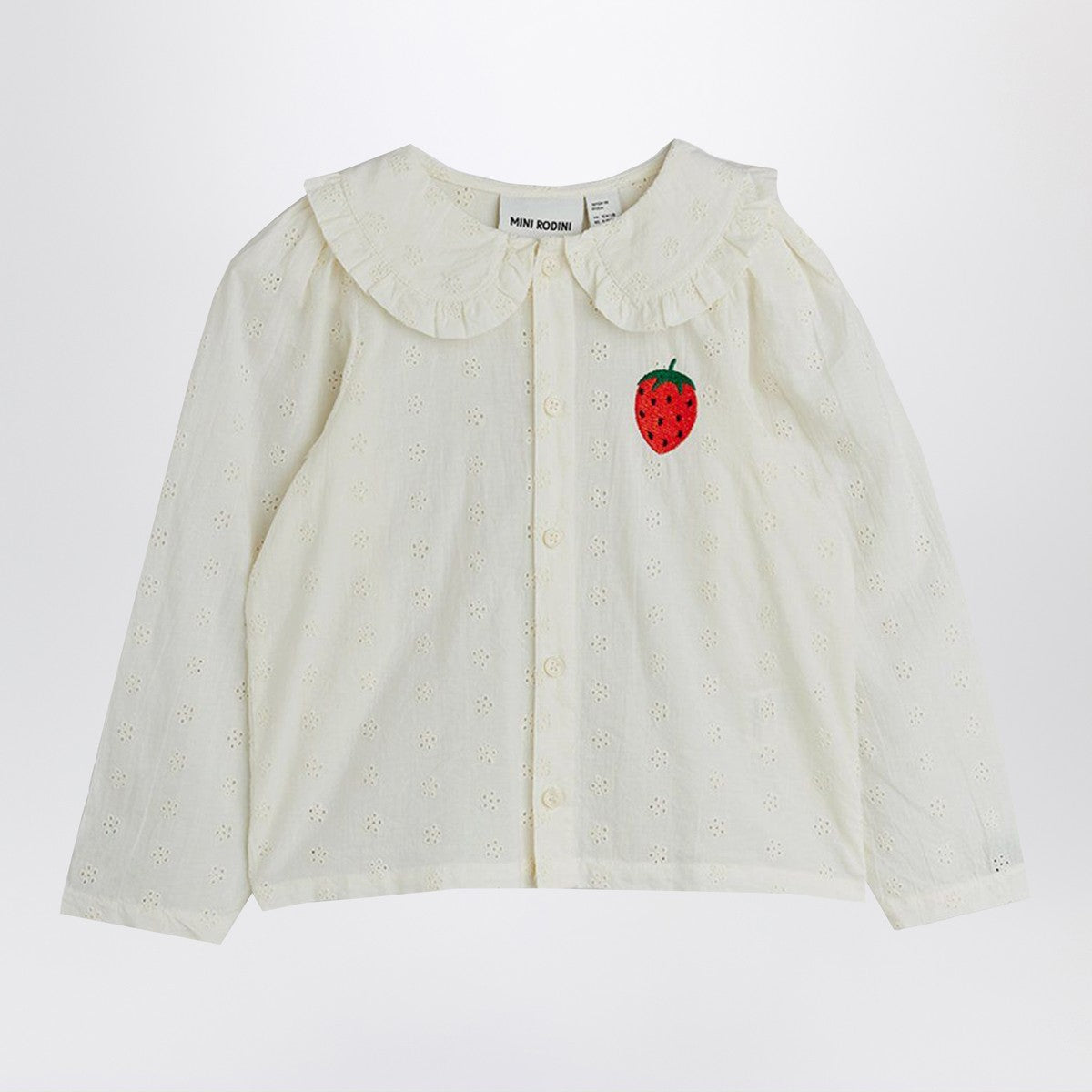 Mini Rodini Mini Rodini White Schiffli blouse with embroidered strawberry