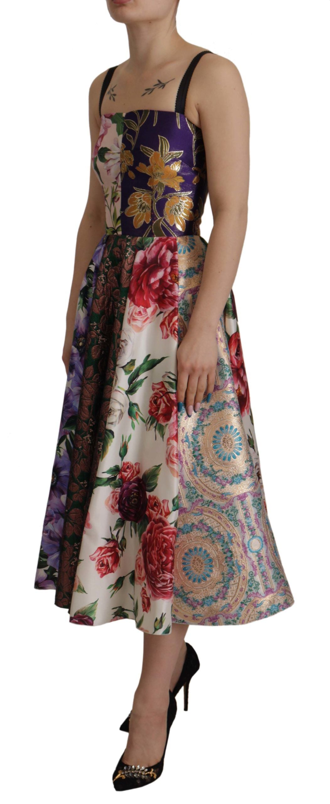 Dolce & Gabbana Dress Midi Patchwork Floral Jaquard Silk