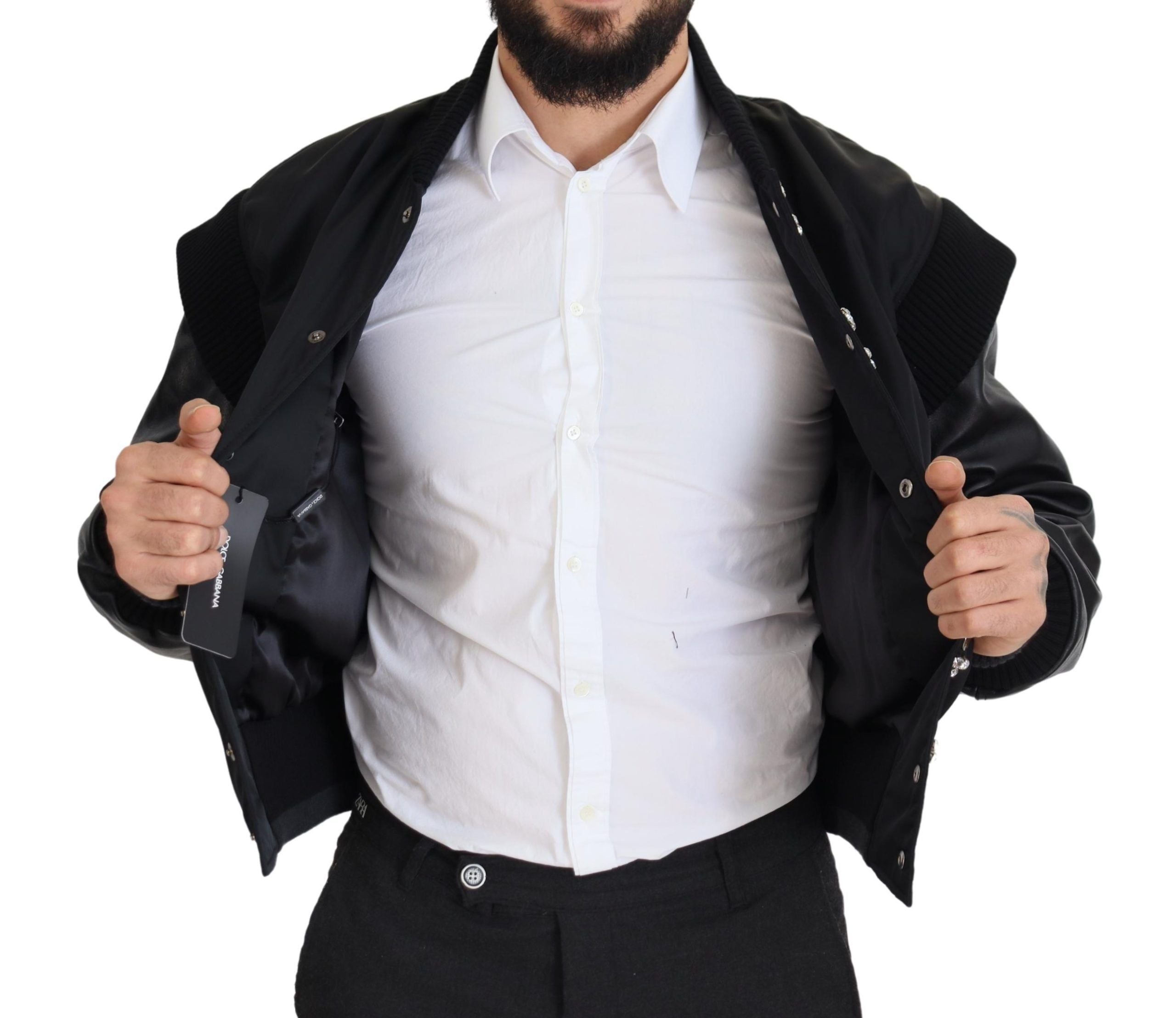 Dolce & Gabbana Black Nylon Crystals Coat Buttons Jacket