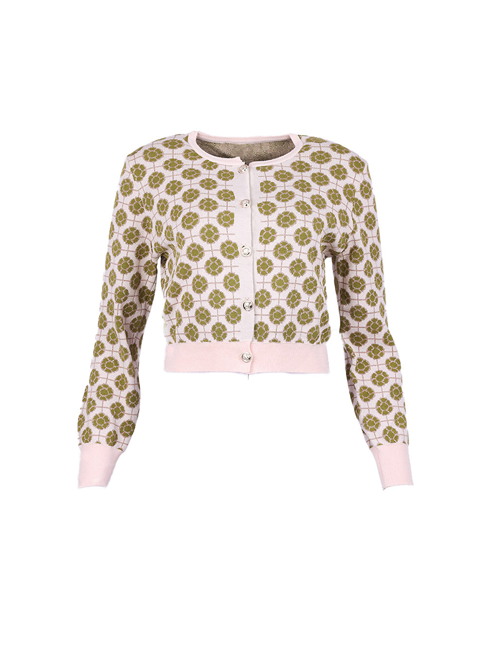 Siste’s Jacquard Jacket front view – women’s patterned knit cardigan with button closure in olive and NUDE