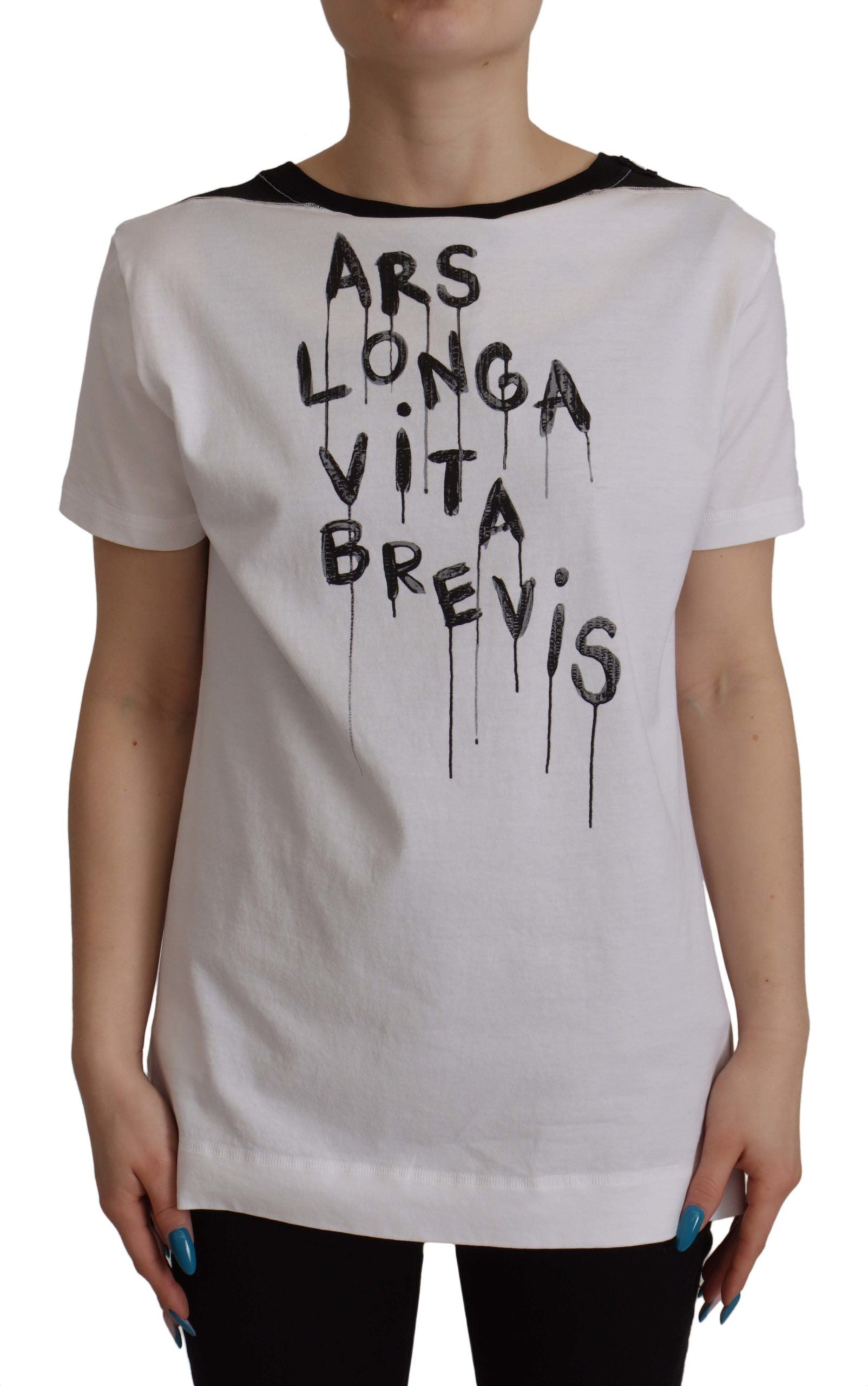 تي شيرت دولتشي آند غابانا أبيض بطبعة شعار، بياقة دائرية، قطني