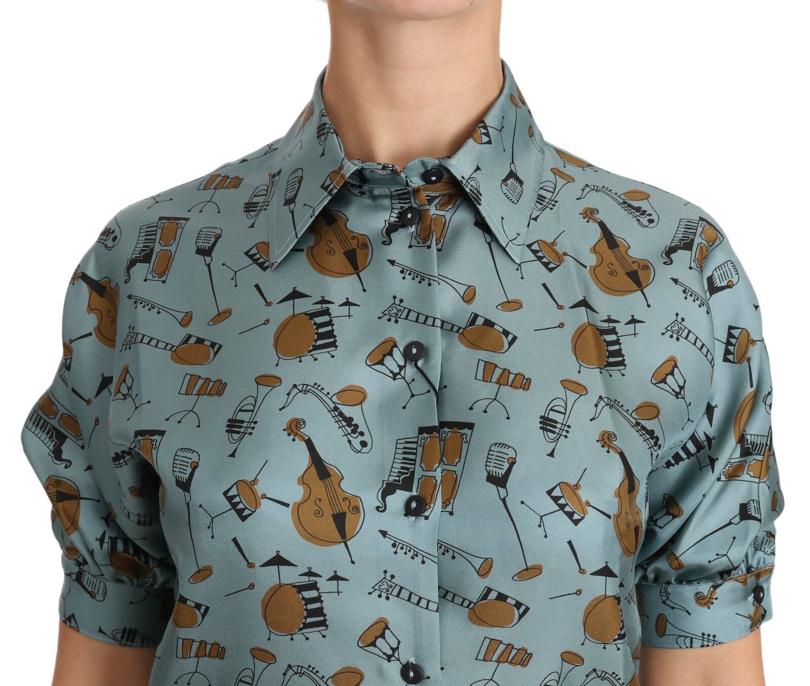 قميص دولتشي آند غابانا متعدد الألوان من الحرير بأكمام قصيرة وطبعة آلات موسيقية