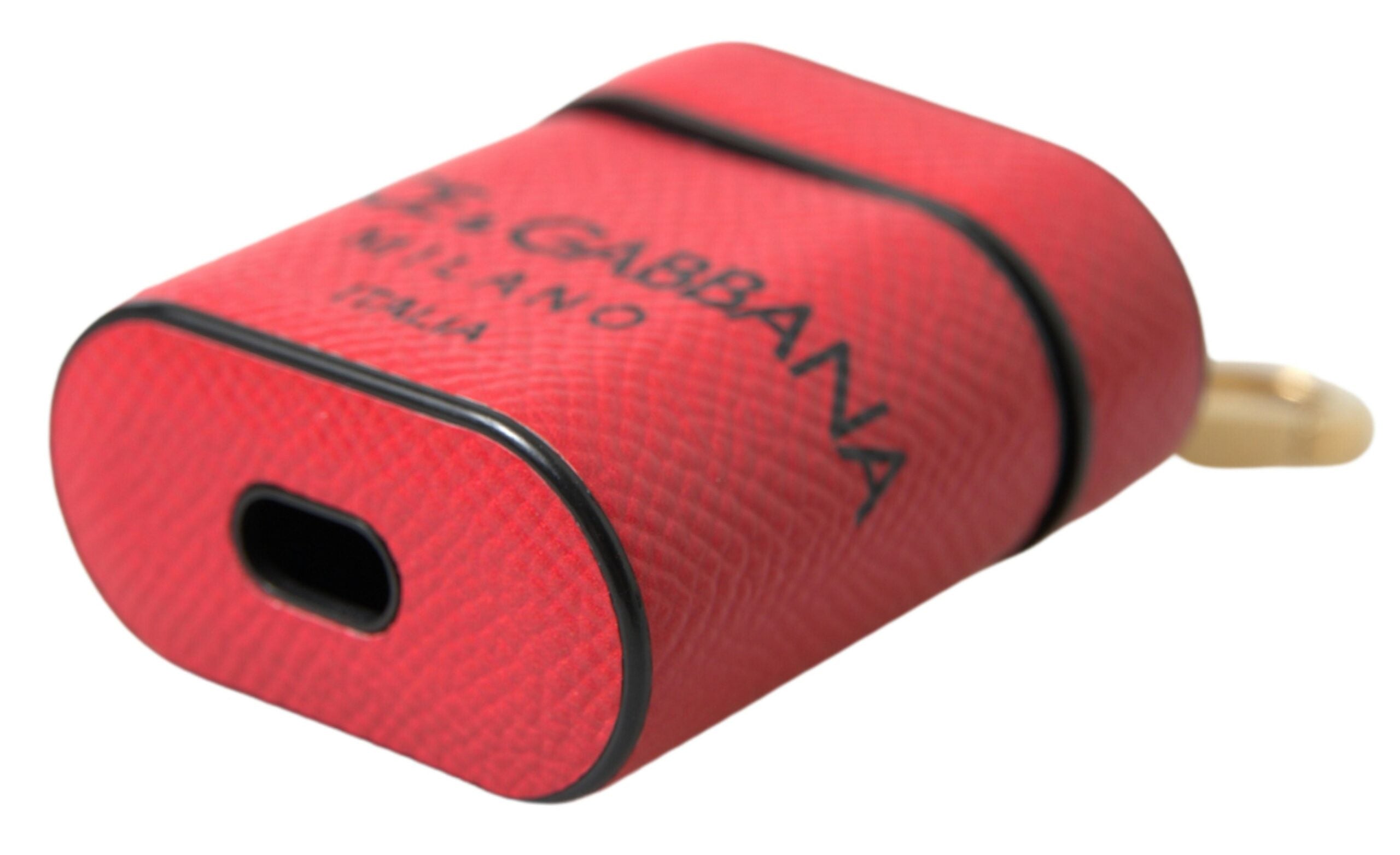 حافظة سماعات Airpods من دولتشي آند غابانا، مصنوعة من جلد العجل الأحمر والأسود، بطبعة شعار