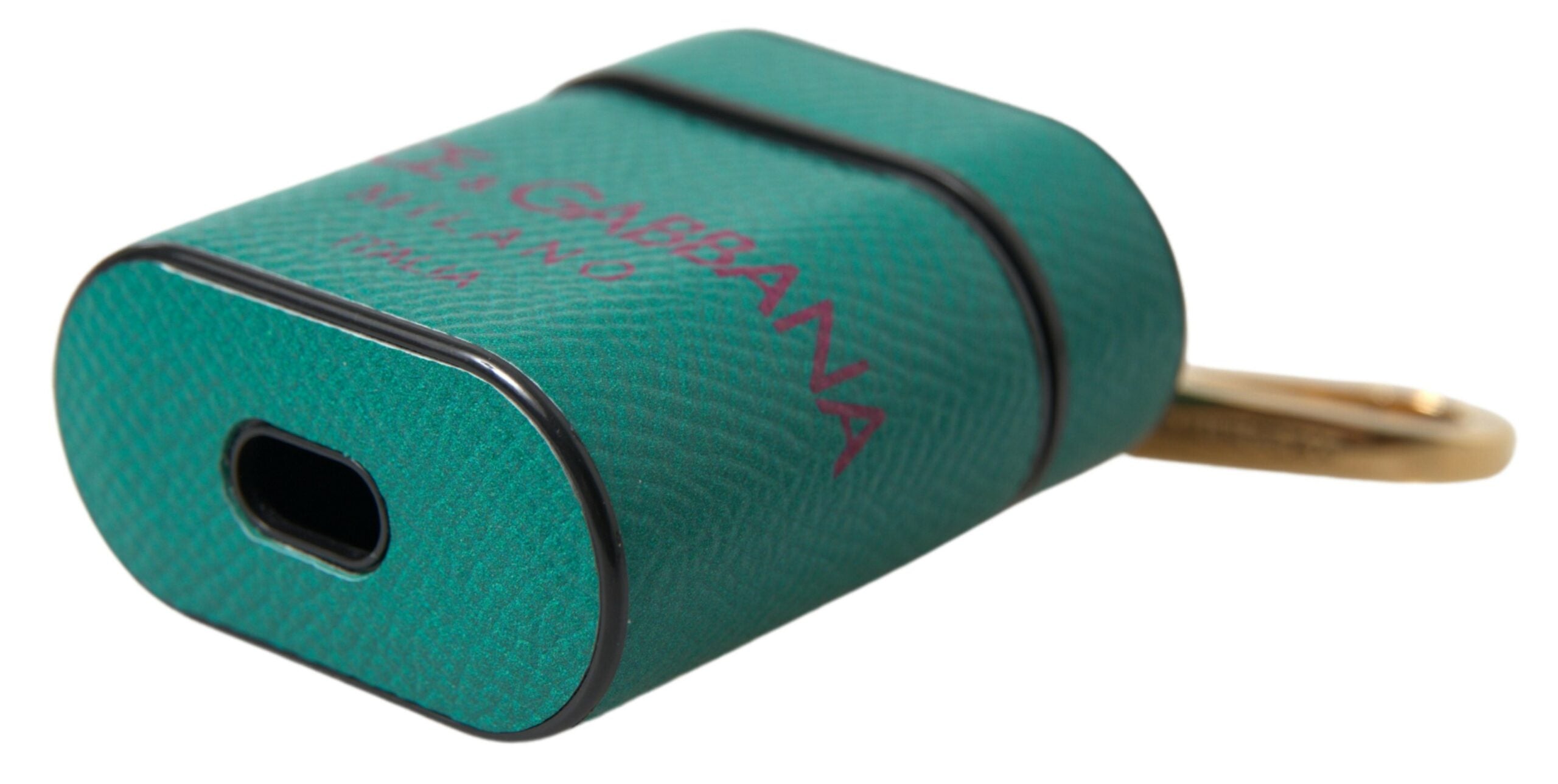 حافظة سماعات Airpods من دولتشي آند غابانا، مصنوعة من جلد العجل باللون الأخضر الكستنائي، بطبعة شعار