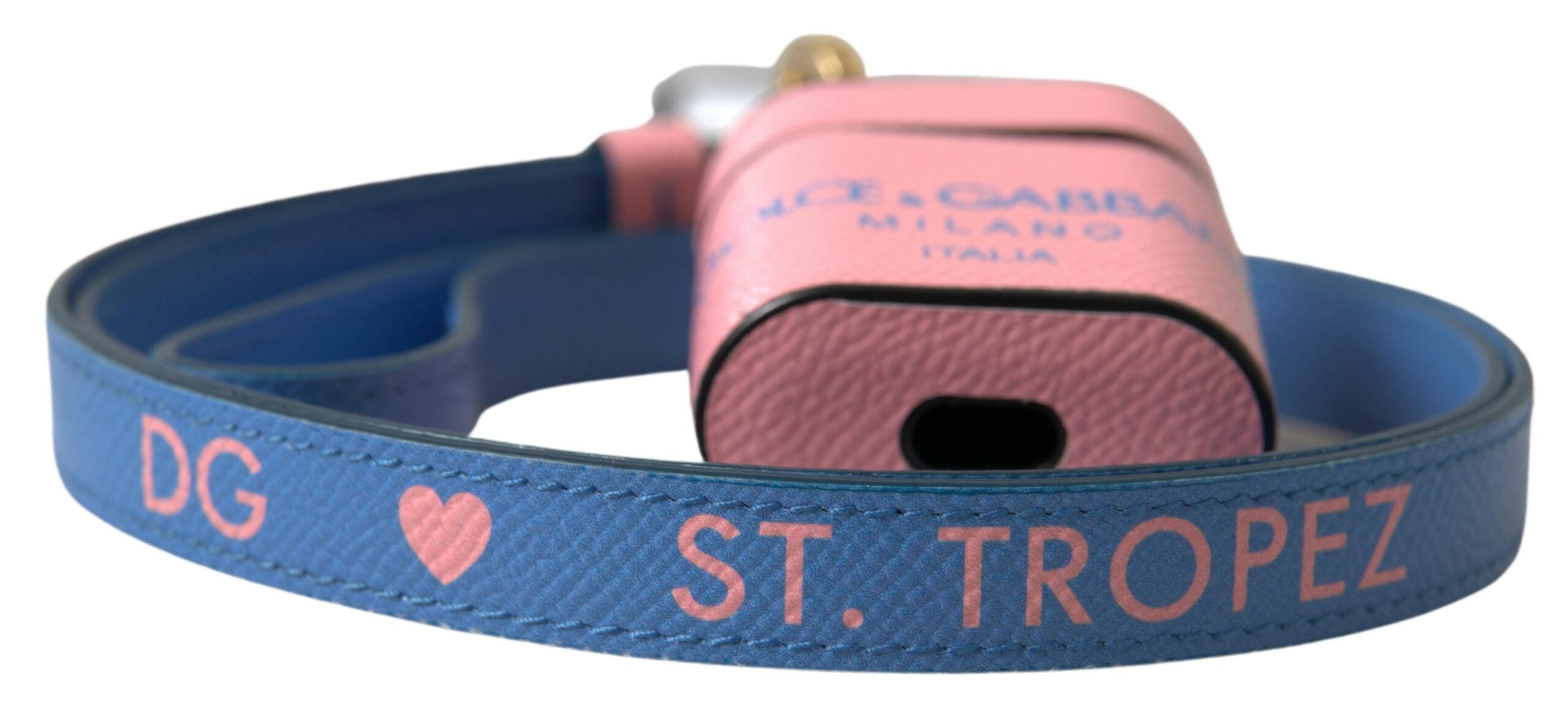 حافظة سماعات Airpods من دولتشي آند غابانا، مصنوعة من جلد العجل باللون الوردي والأزرق، بطبعة شعار