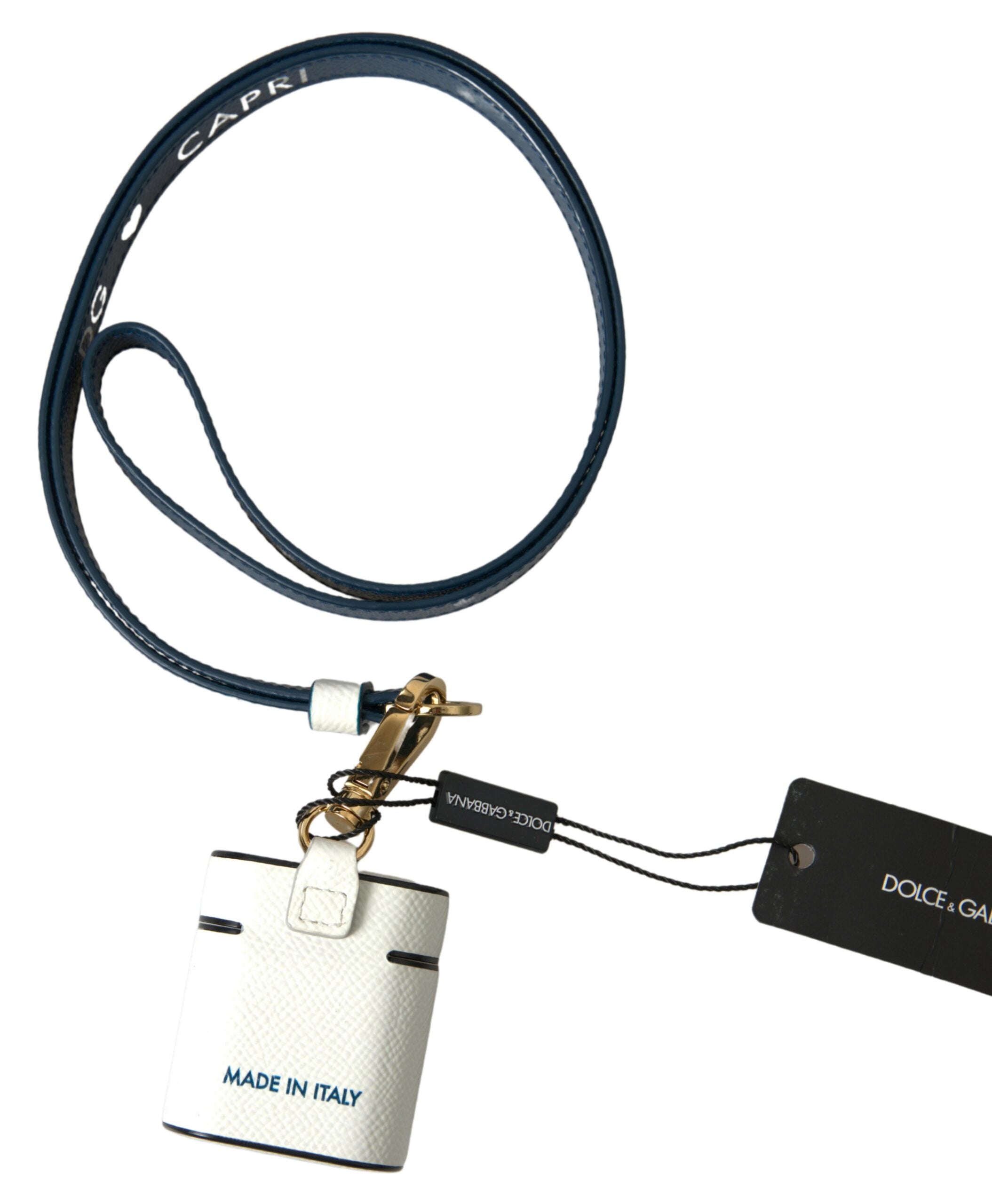 حافظة سماعات Airpods من دولتشي آند غابانا، مصنوعة من جلد العجل الأبيض والأزرق، بطبعة شعار