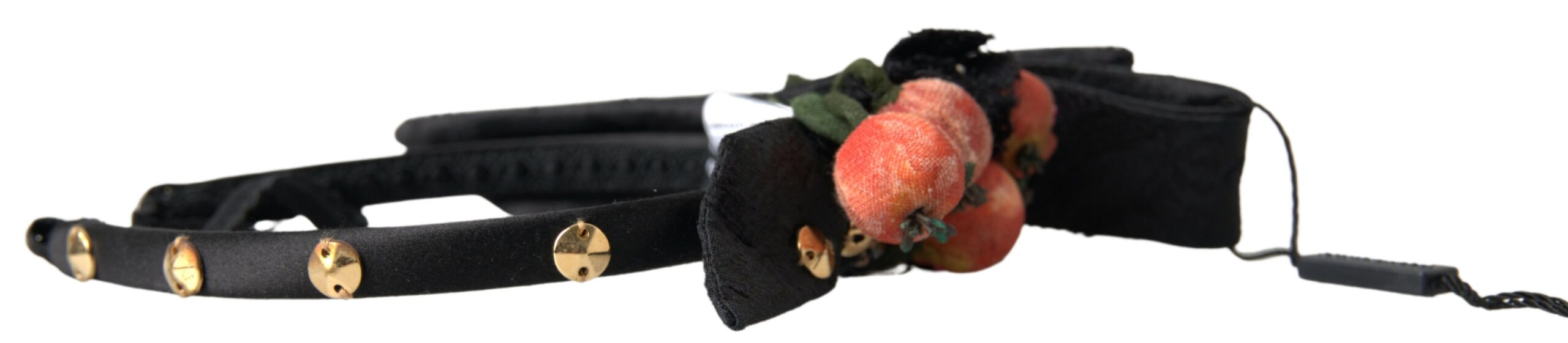 عصابة رأس من دولتشي آند غابانا باللون الأسود مع تاج كريستالي متعدد الألوان على شكل فاكهة التين