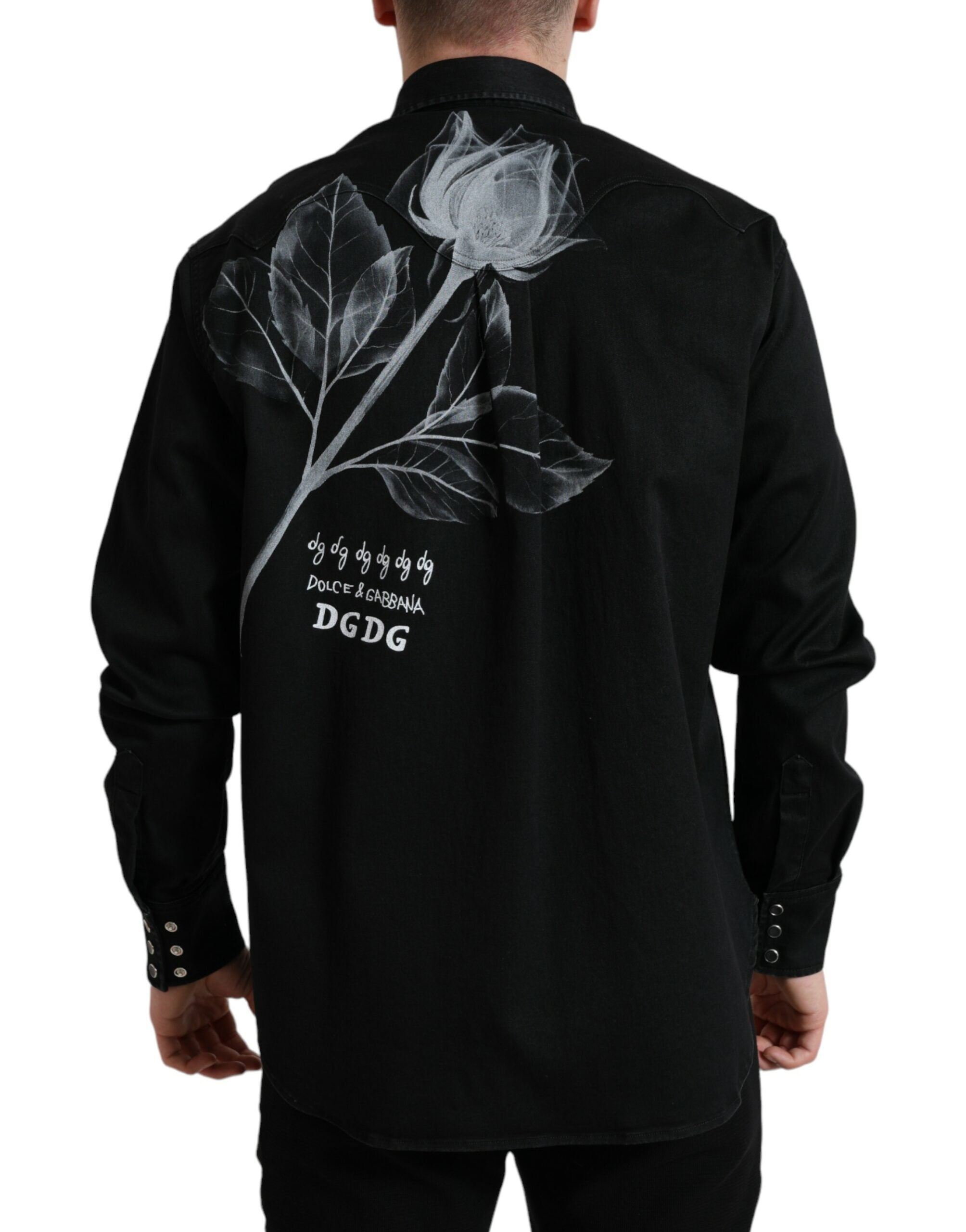 قميص دولتشي آند غابانا الأسود القطني ذو الياقة المزخرفة بالزهور