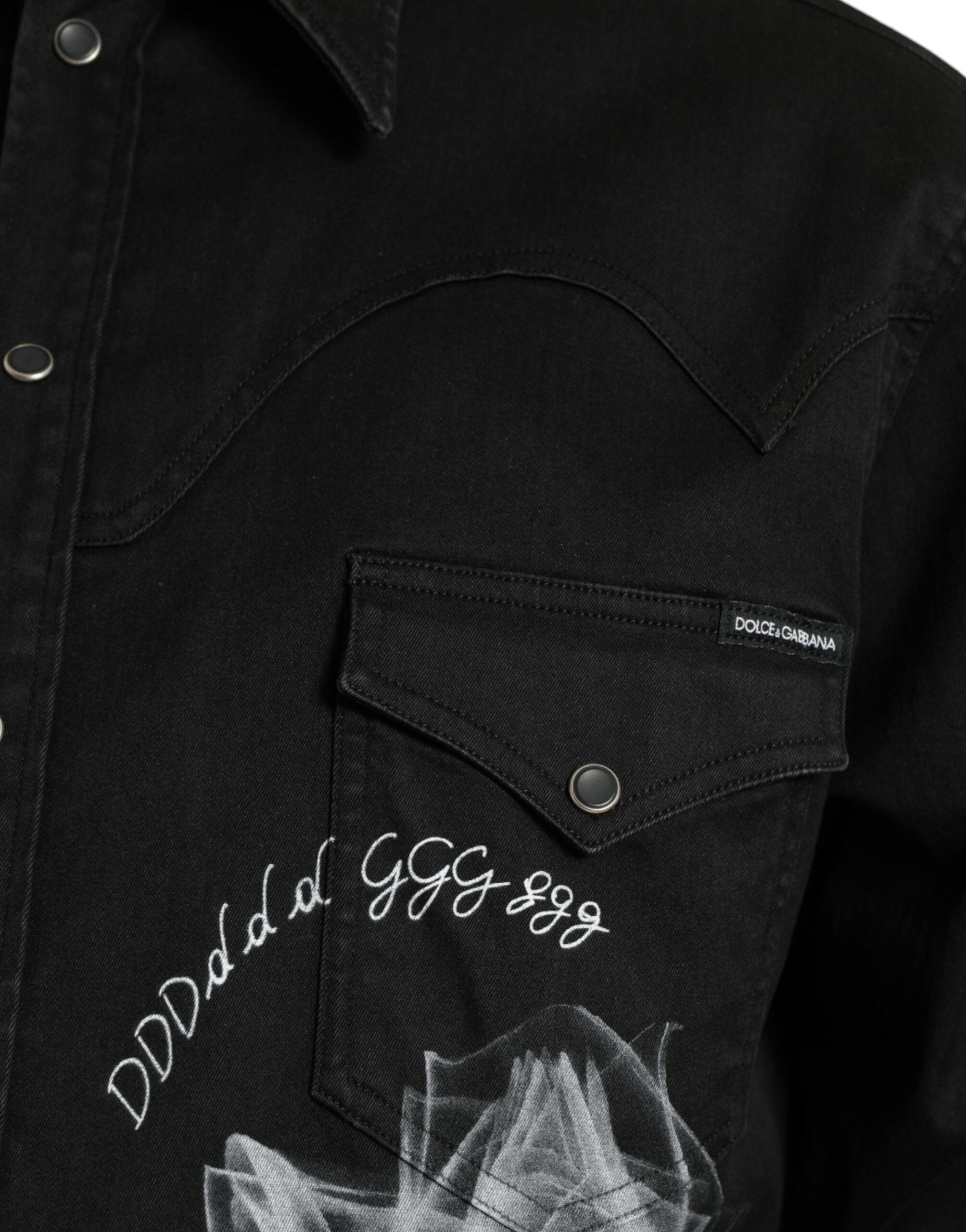 قميص دولتشي آند غابانا الأسود القطني ذو الياقة المزخرفة بالزهور