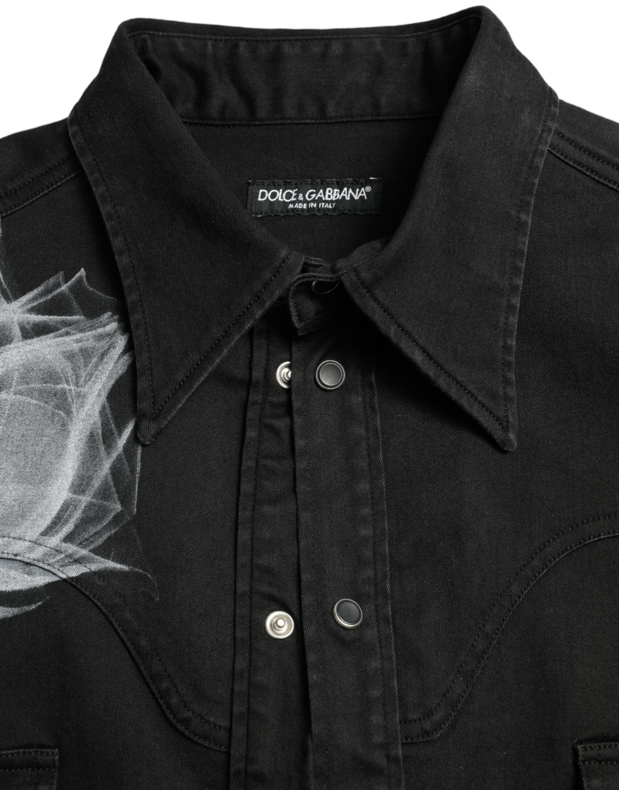 قميص دولتشي آند غابانا الأسود القطني ذو الياقة المزخرفة بالزهور